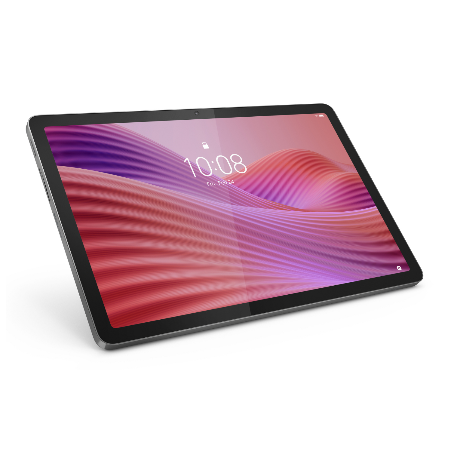 Ein graues Tablet mit einem Wellenmuster in Rosa und Lila auf dem Bildschirm.
