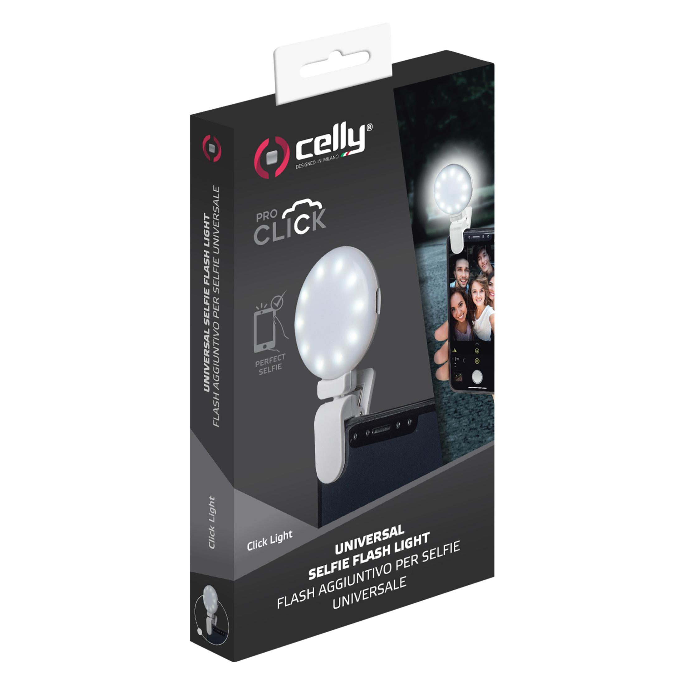 Embalaje de una luz selfie Celly con clip. Muestra la luz y un grupo de personas.