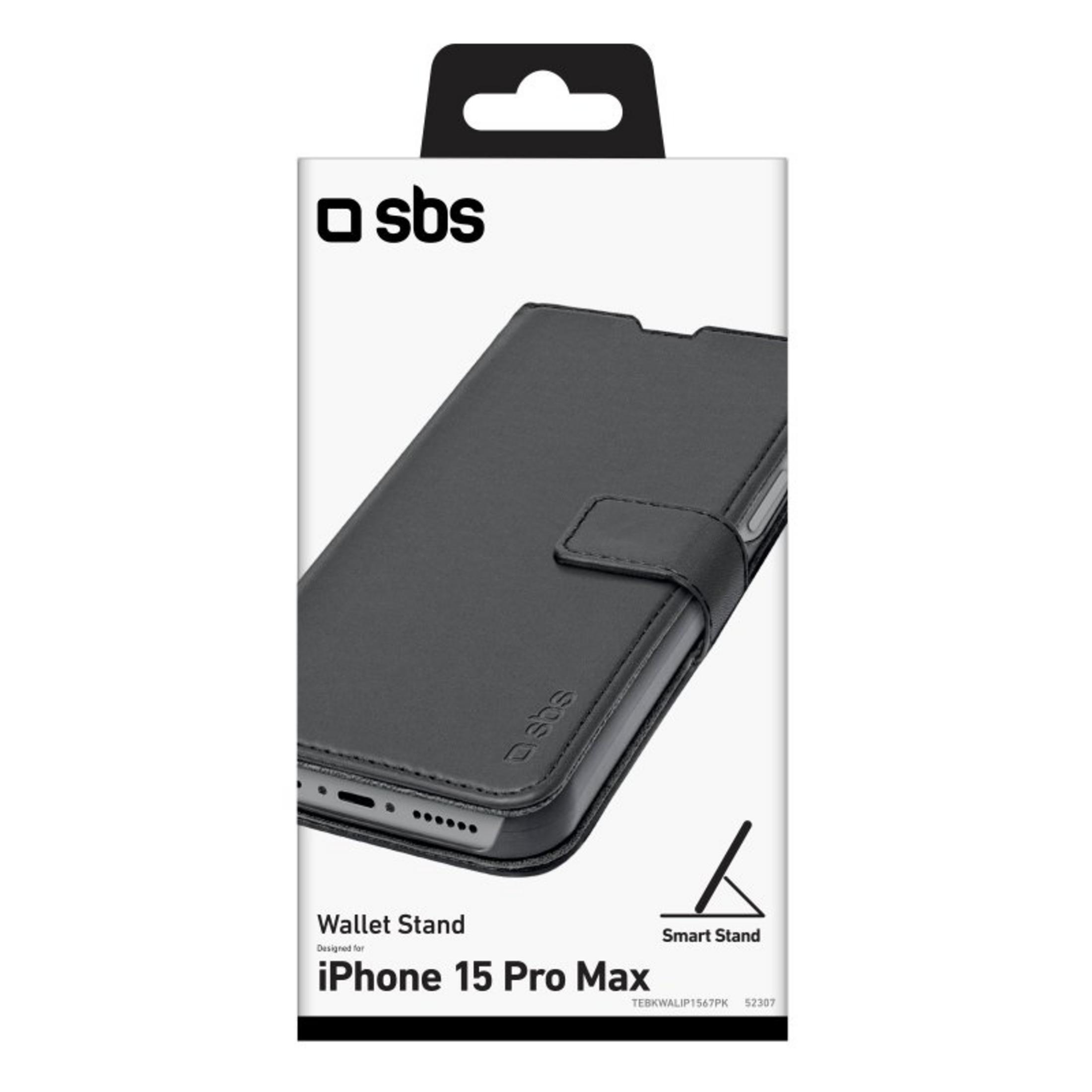 Funda tipo cartera SBS negra para iPhone 15 Pro Max con soporte.