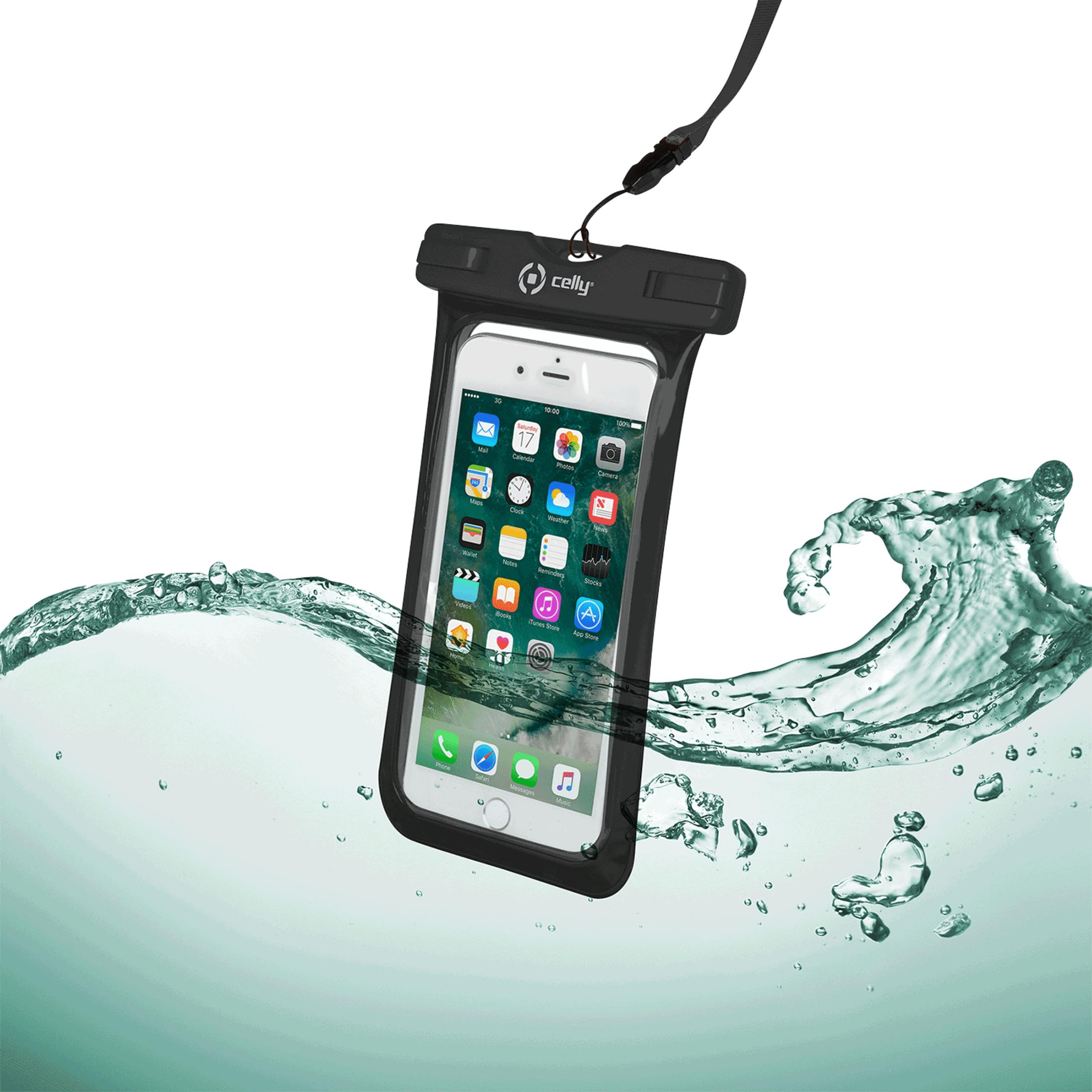 Wasserdichte Hülle mit iPhone taucht in Wasser, Wellen und Blasen.