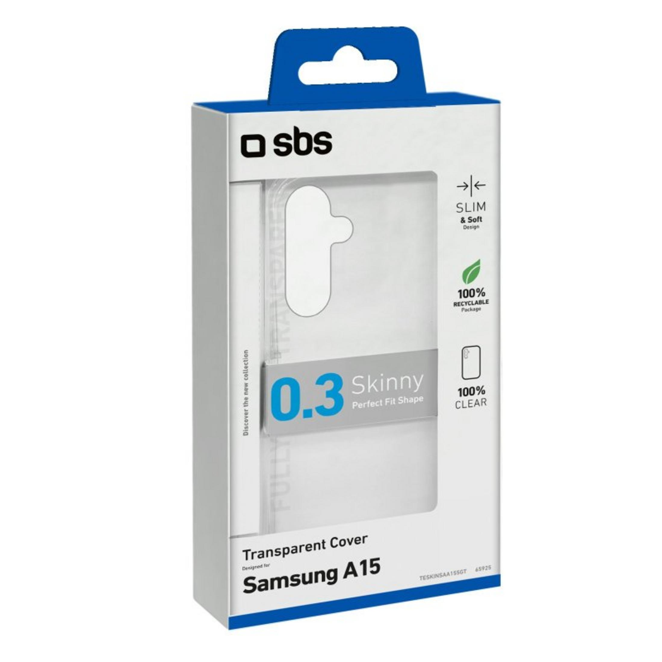 Cover trasparente SBS per Samsung A15, sottile, spessore 0,3mm.