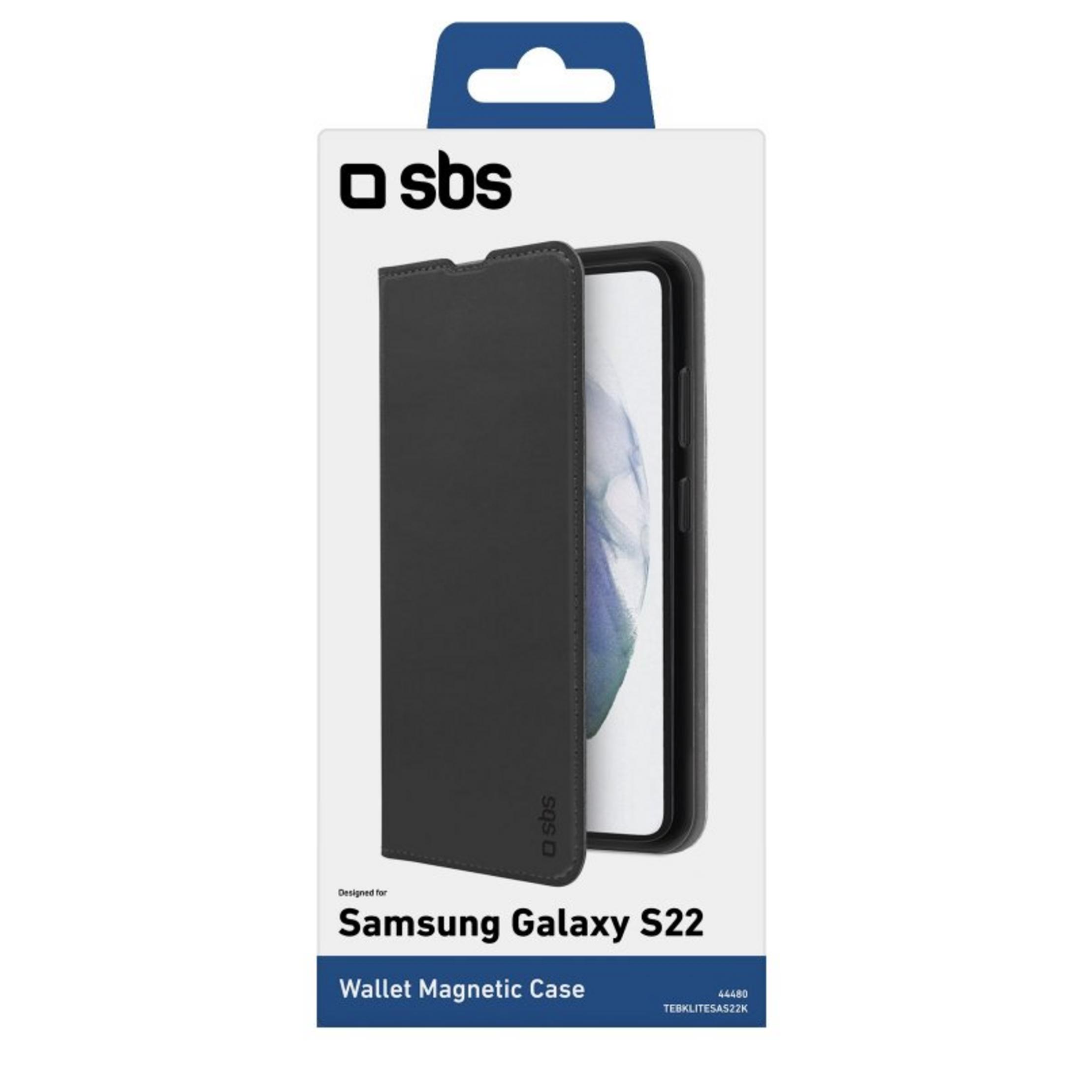 Custodia magnetica a portafoglio nera per Samsung Galaxy S22 su confezione bianca.