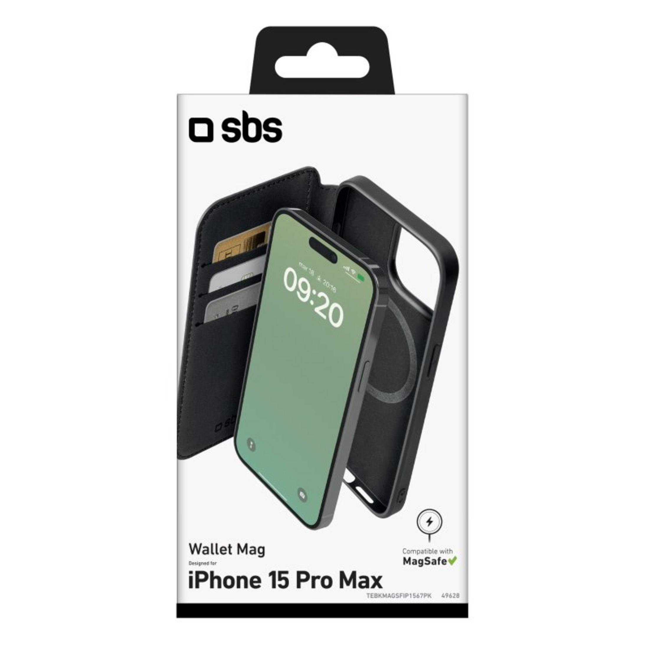 Custodia SBS Wallet Mag per iPhone 15 Pro Max, nera, con slot per carte.