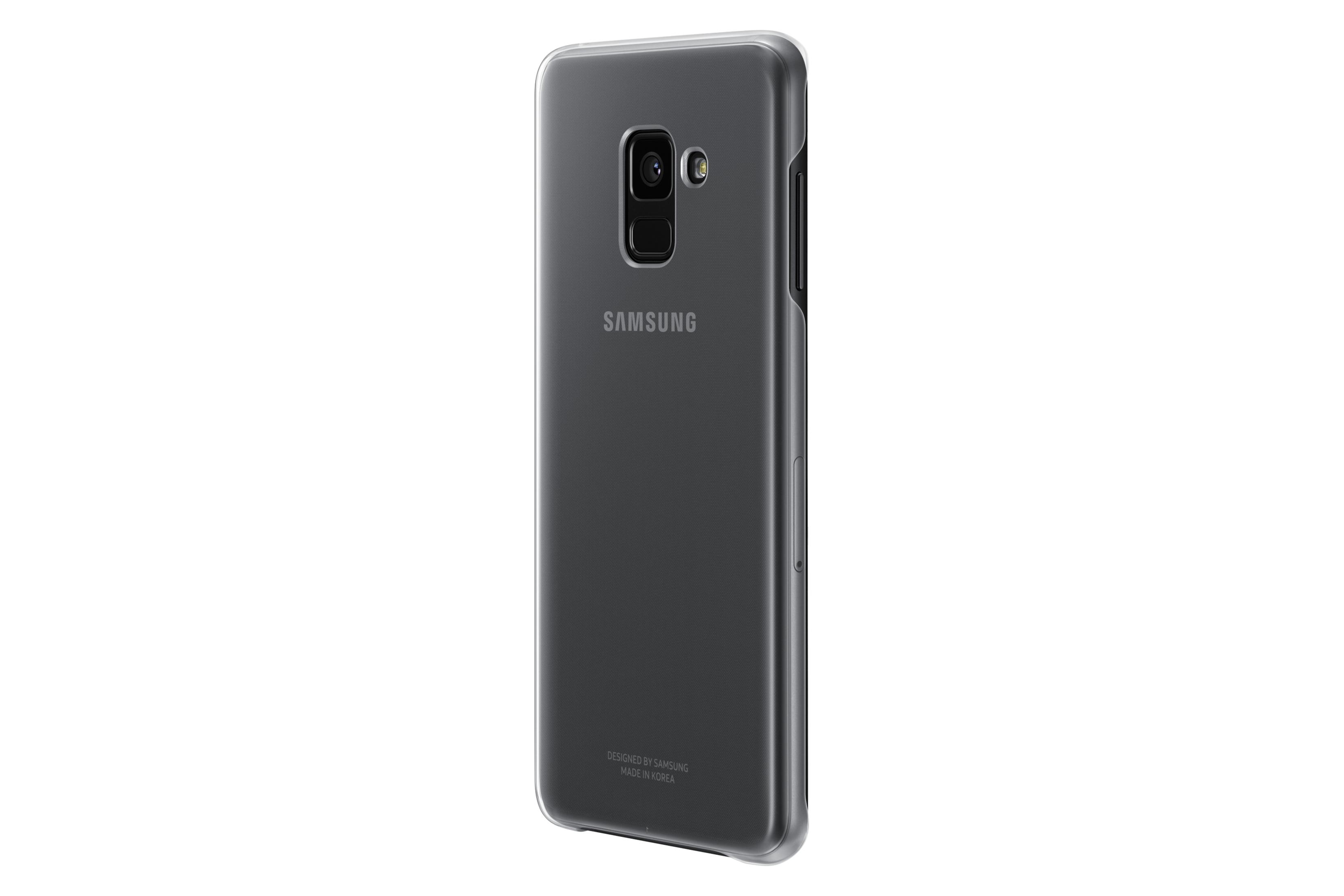 Teléfono Samsung gris oscuro en funda transparente con cámara trasera.