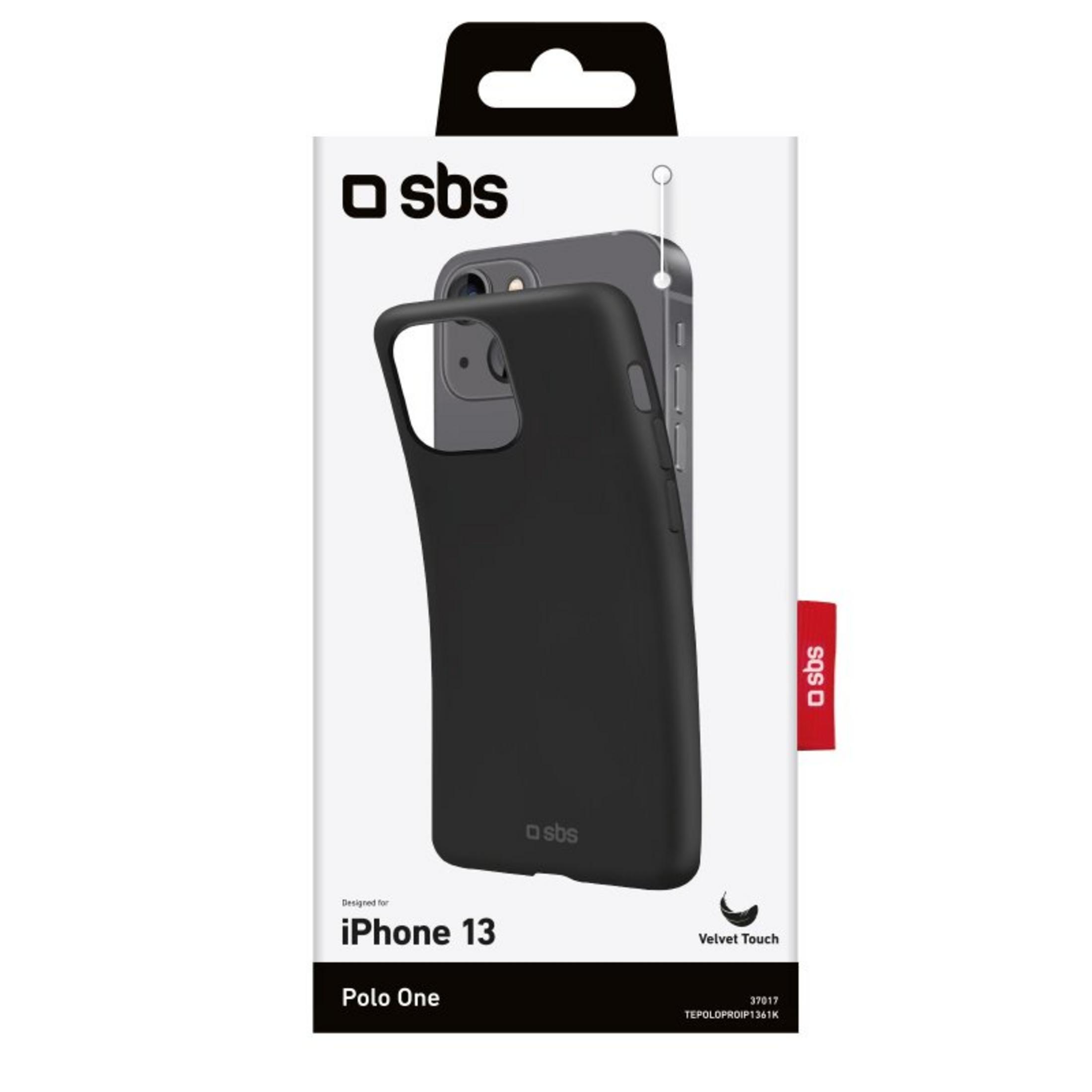 Czarne etui na iPhone 13 na opakowaniu z logo SBS.