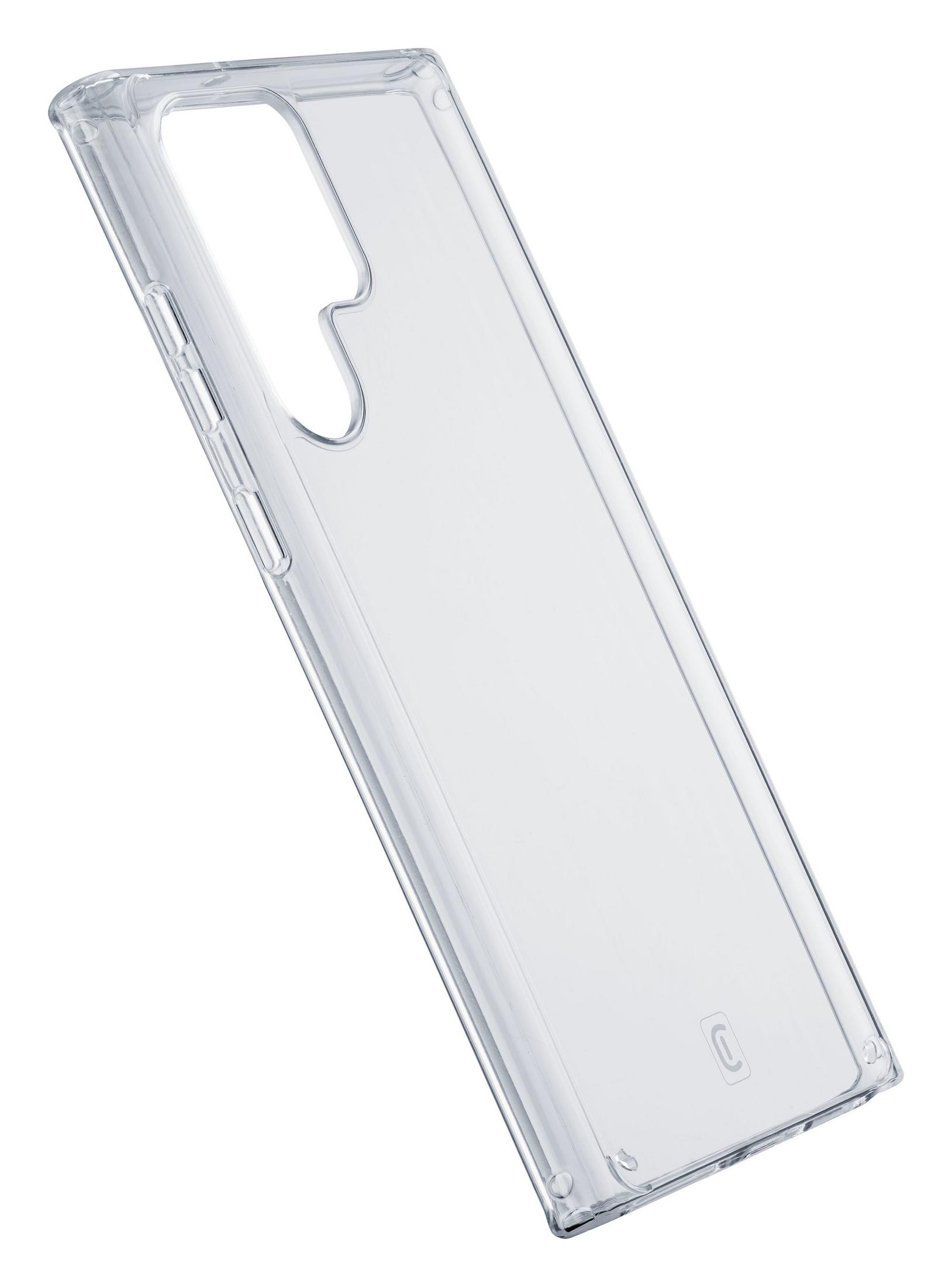 Funda transparente para teléfono con recortes para cámara y botones.
