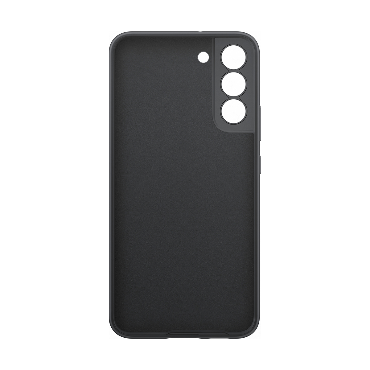 Funda de teléfono gris oscuro con tres recortes redondos para cámara arriba.