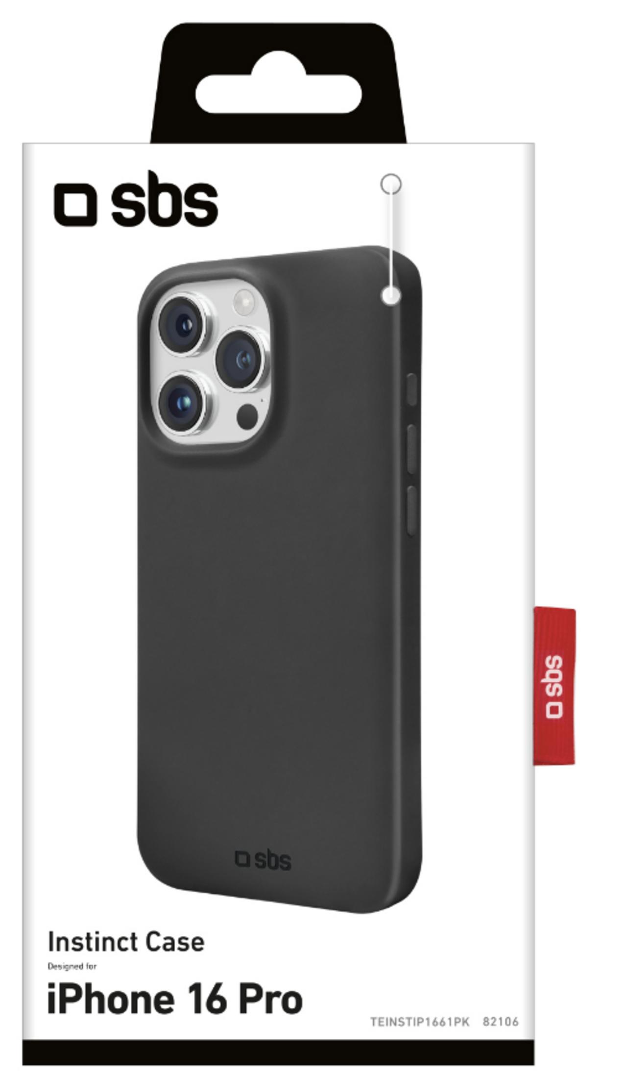 Custodia nera iPhone 16 Pro SBS in confezione con logo in alto.