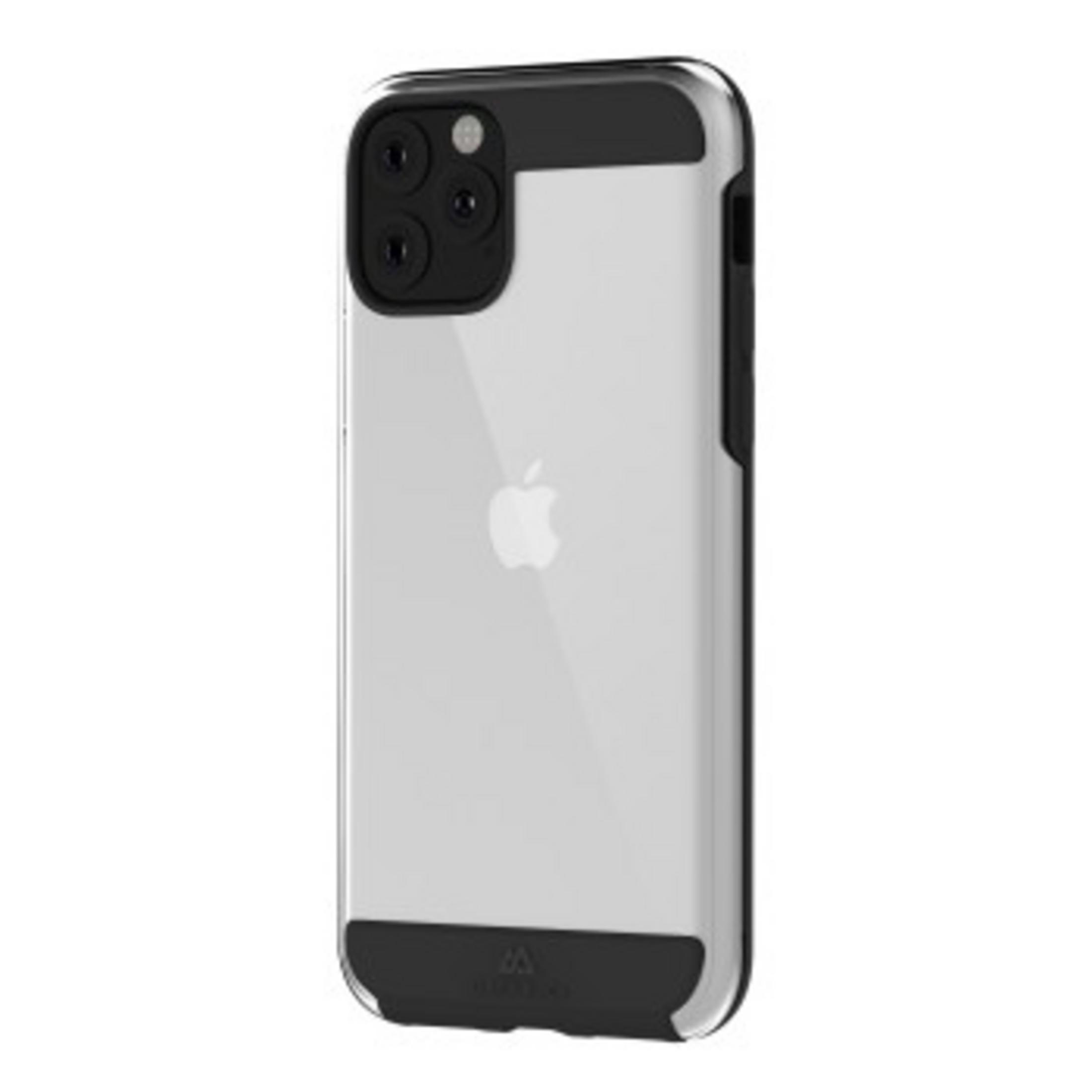 Transparente Hülle mit schwarzem Rahmen und Kamera-Ausschnitt für ein iPhone.