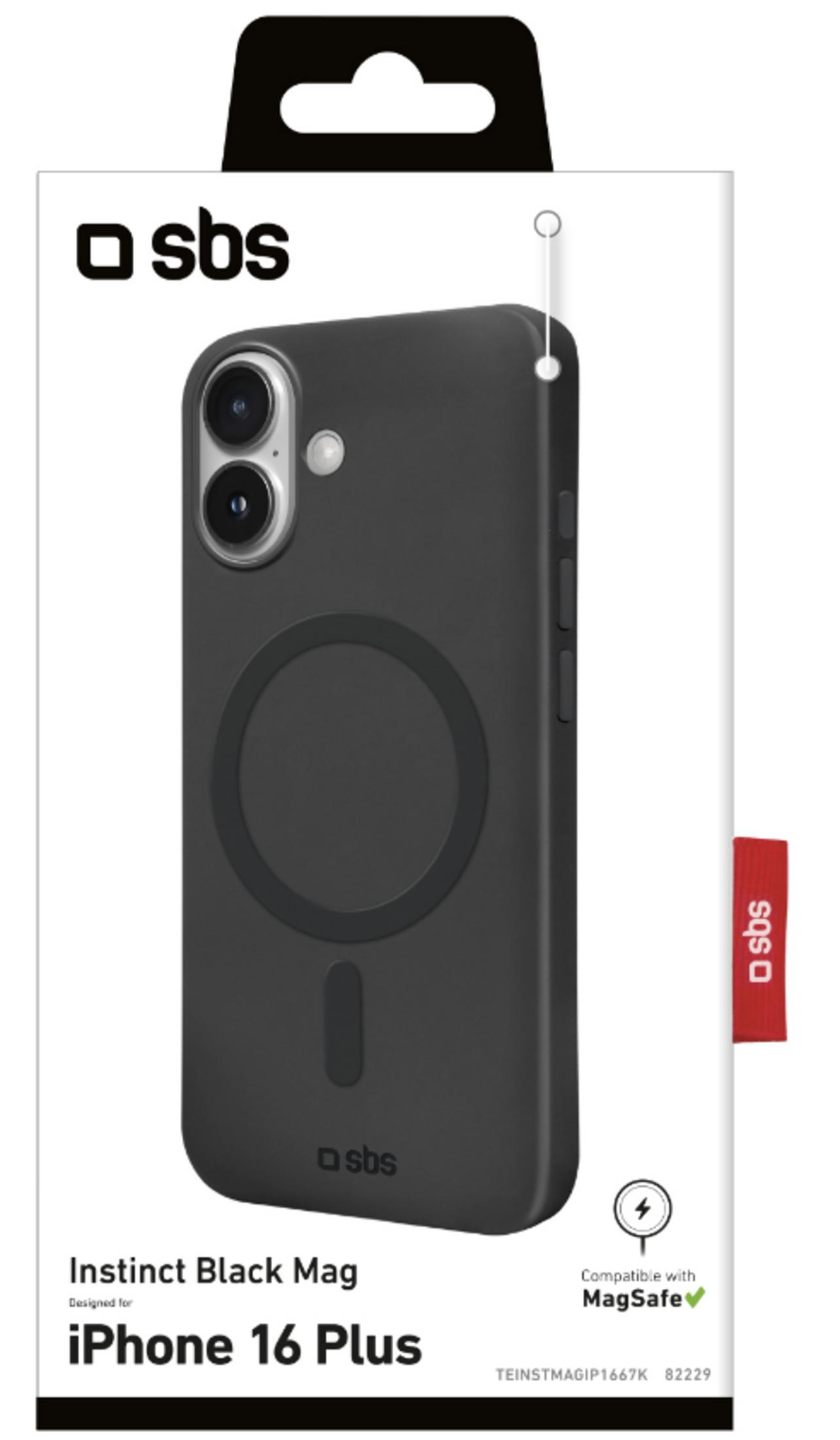 Custodia nera Instinct Mag per iPhone 16 Plus, compatibile MagSafe.