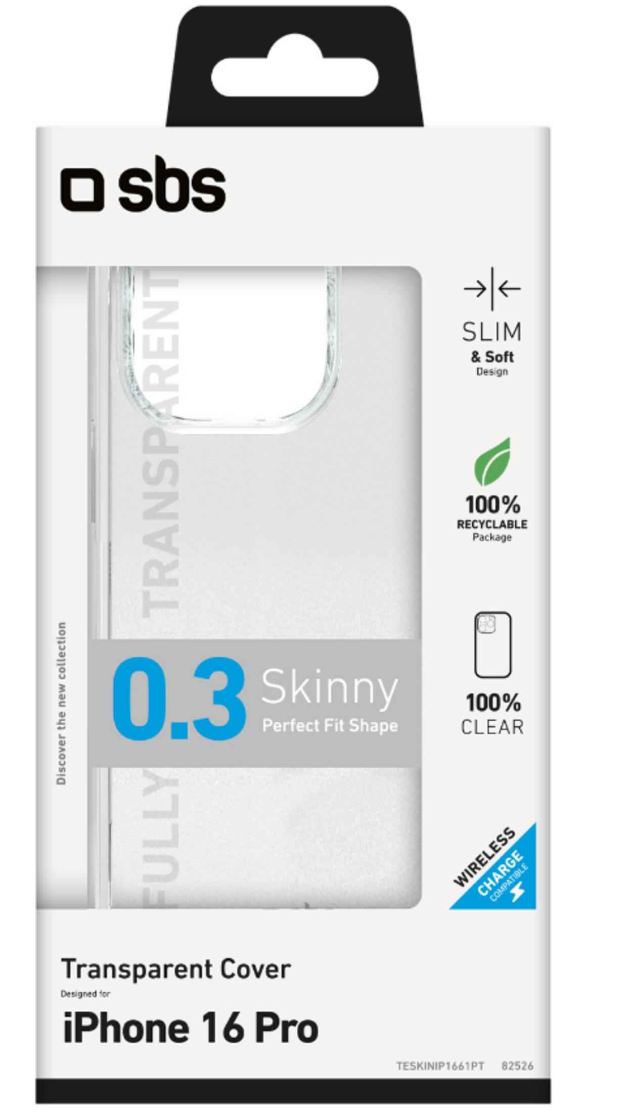 Confezione cover trasparente iPhone 16 Pro SBS, 0,3 mm skinny.