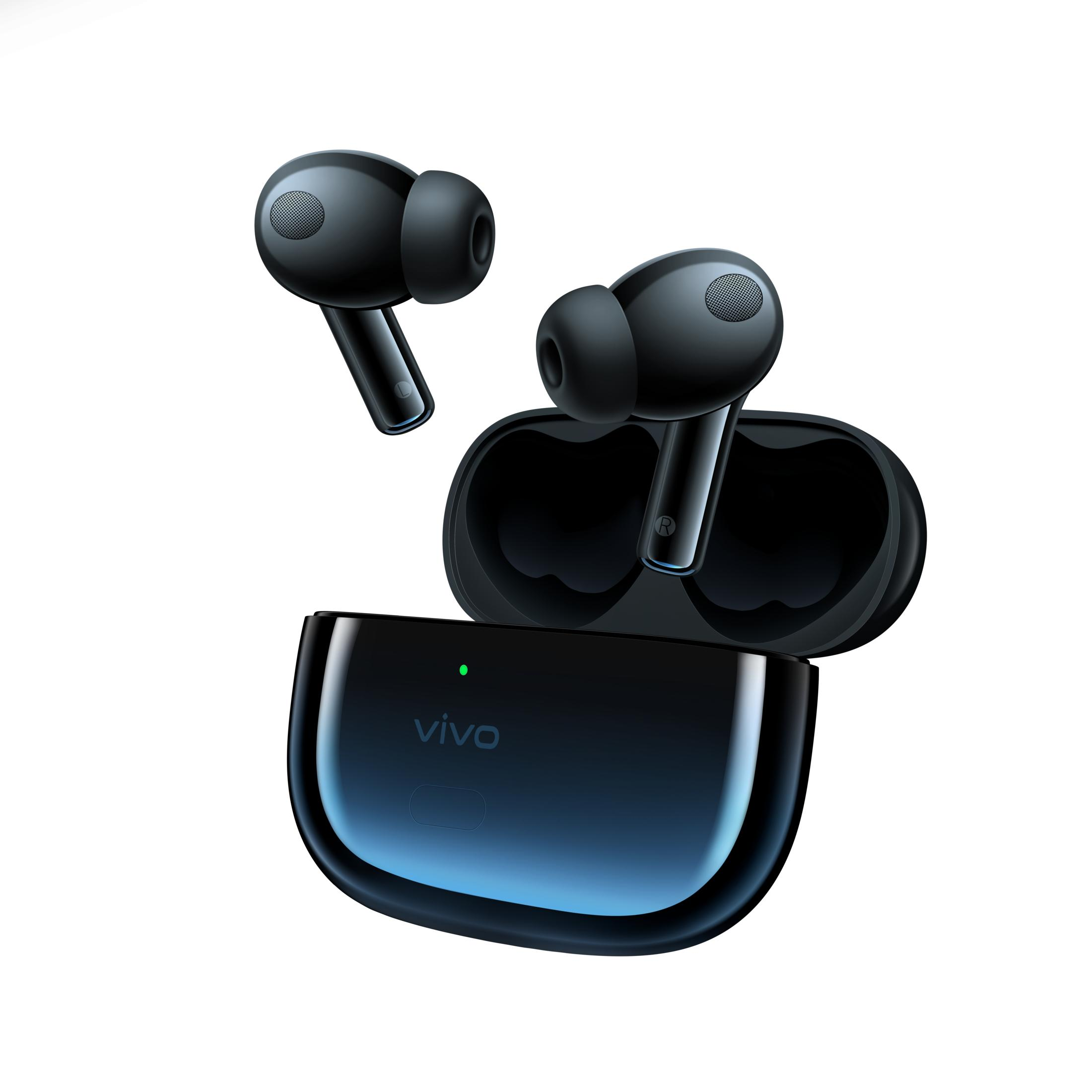 Auriculares inalámbricos Vivo negros en un estuche de carga oscuro con degradado azul.