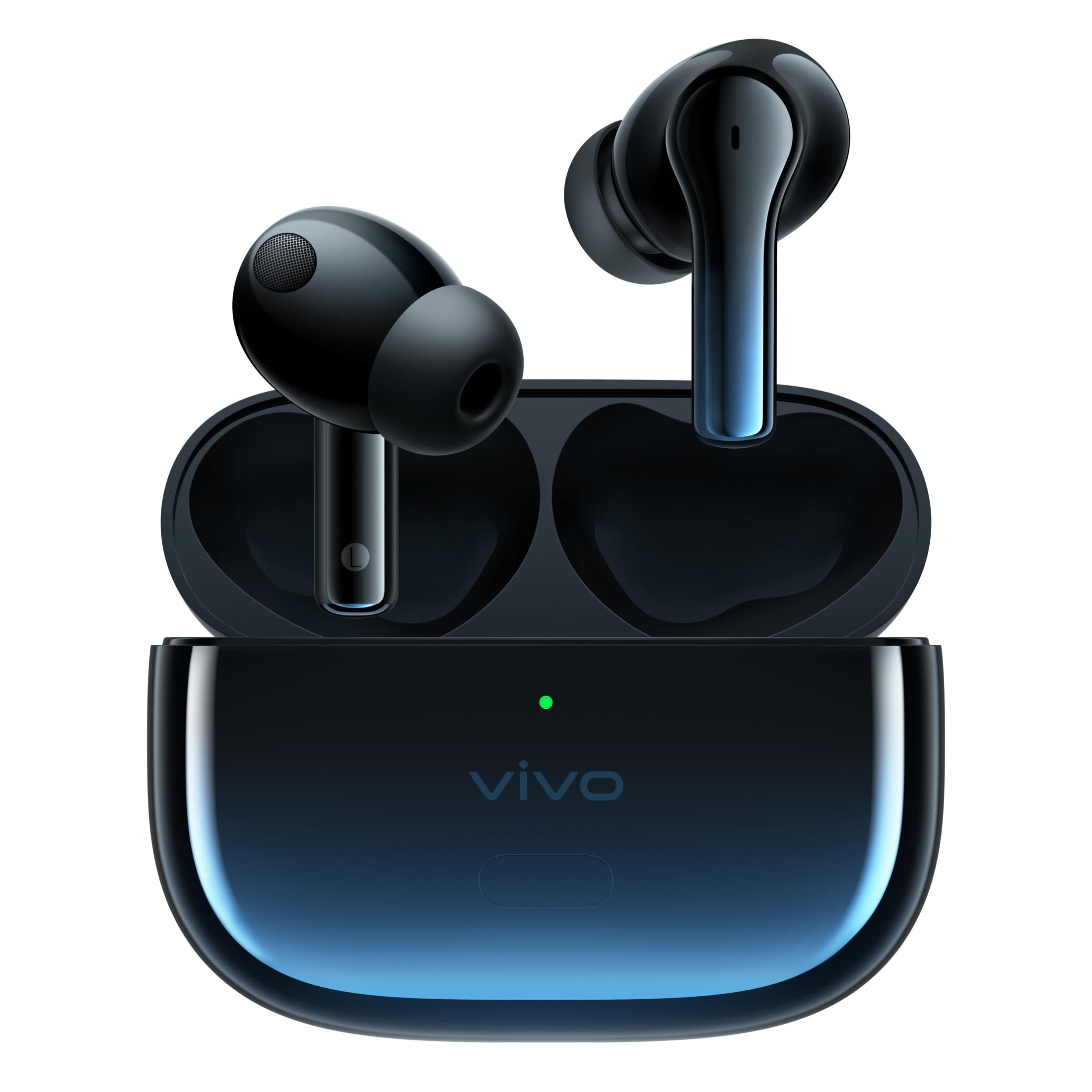 Auriculares negros Vivo con estuche de carga y luz verde.