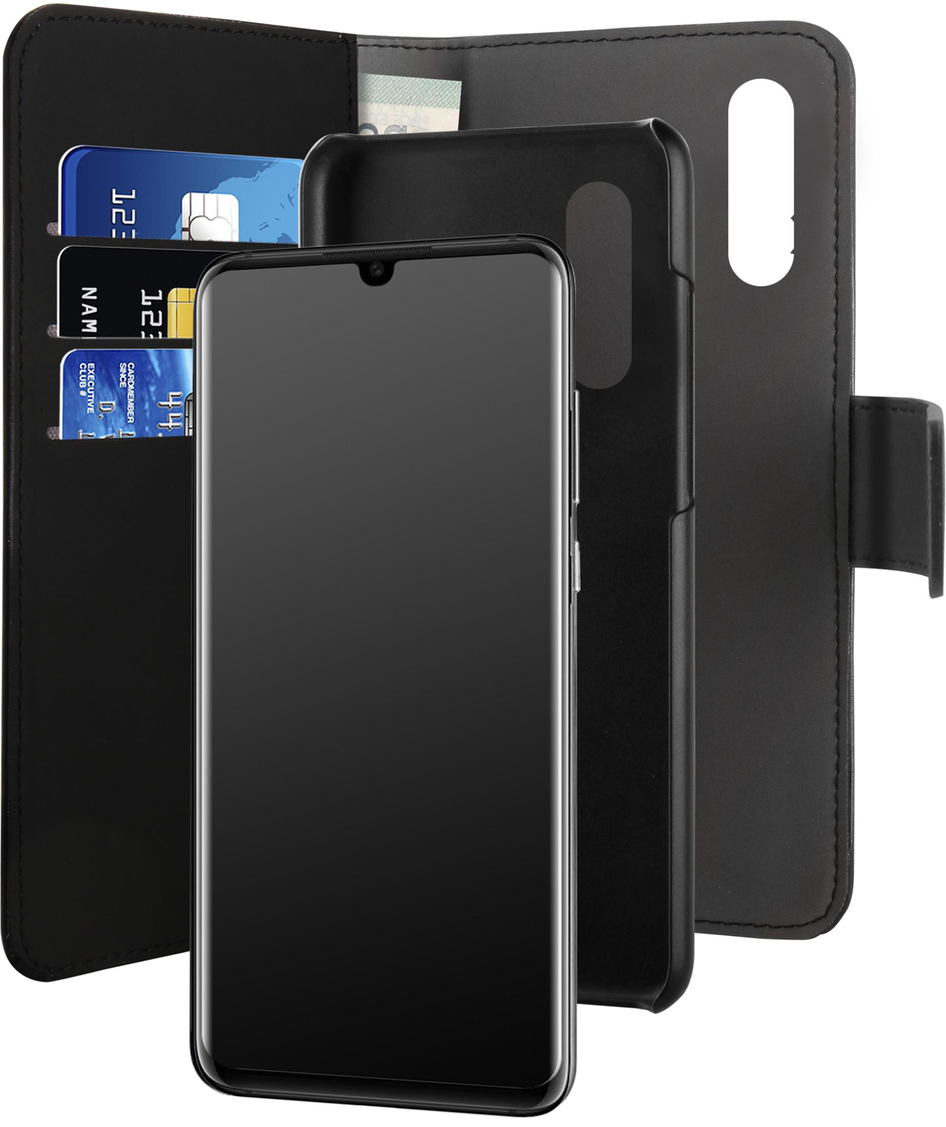 Telefono nero in custodia nera con slot per carte e denaro.