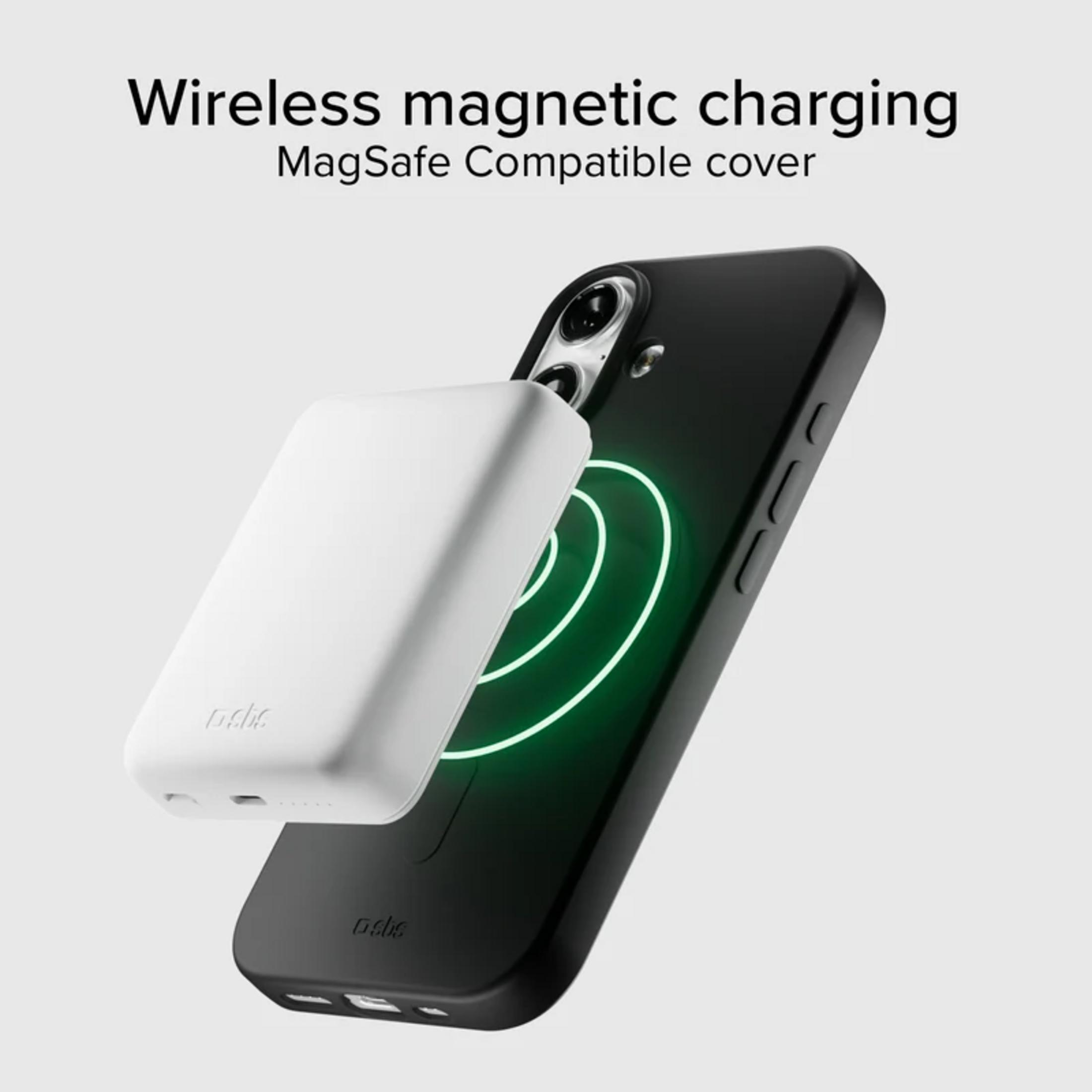 Biała ładowarka bezprzewodowa magnetycznie przymocowana do czarnego etui iPhone'a.