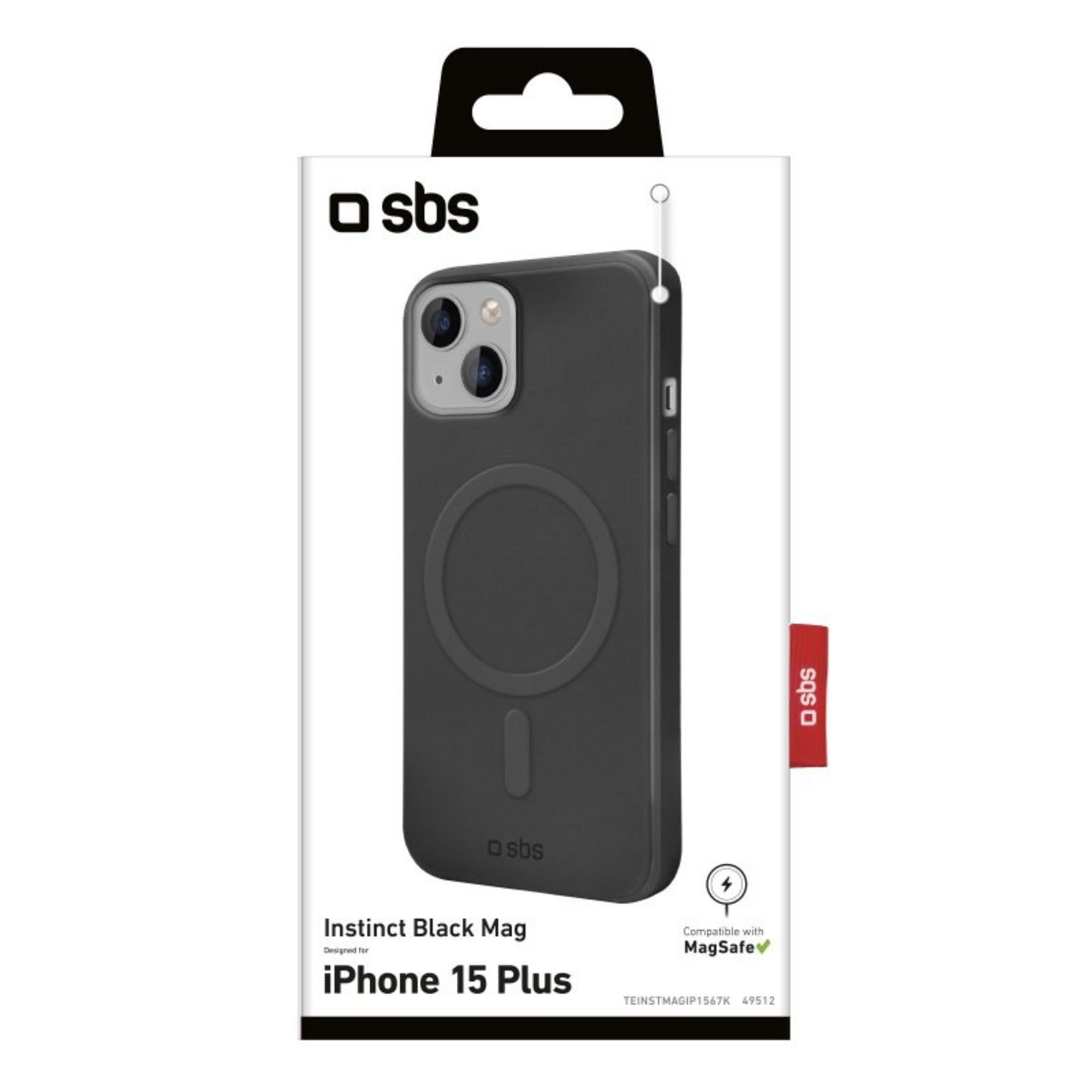 Custodia nera per iPhone 15 Plus con compatibilità MagSafe sulla confezione.