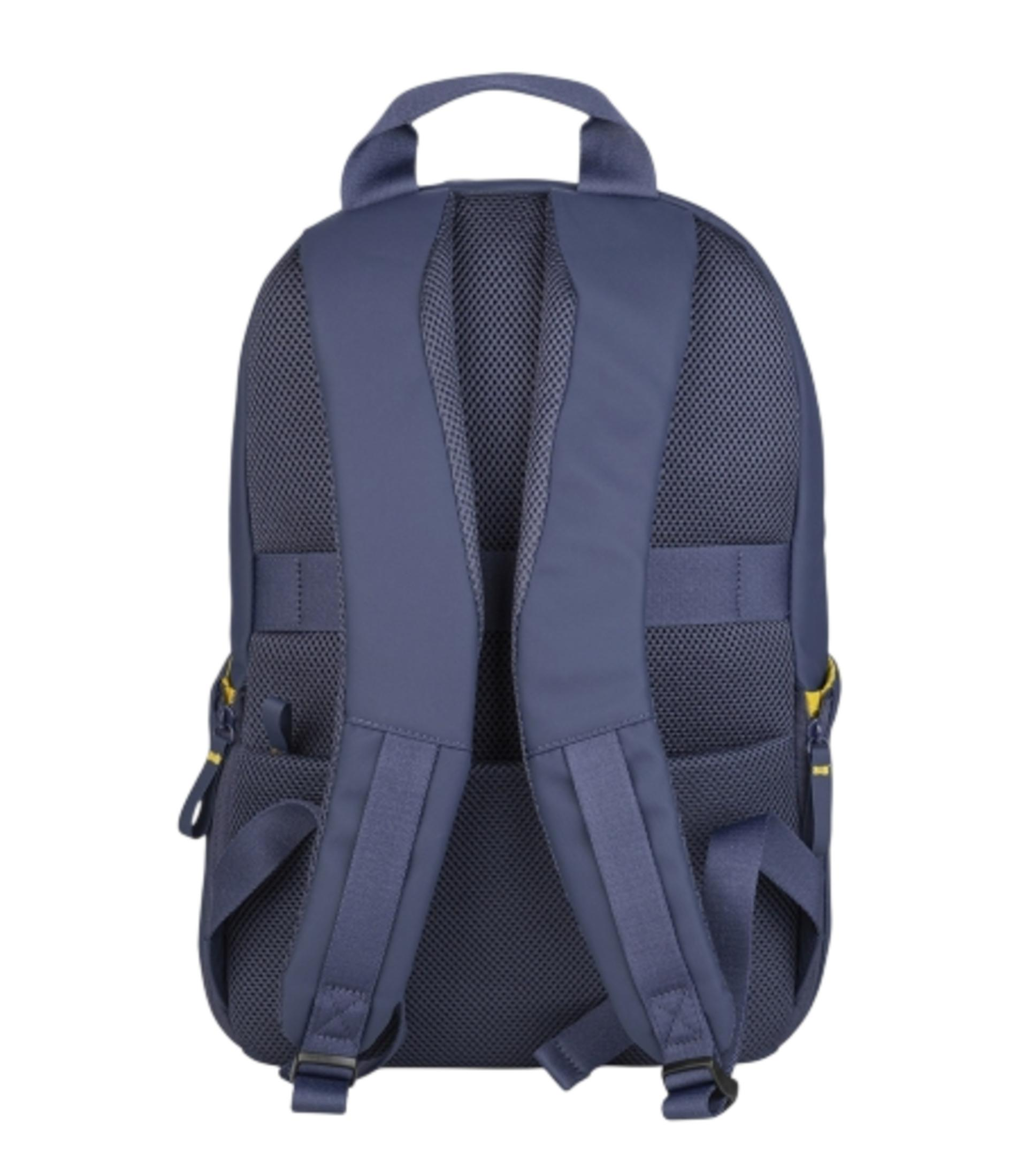 Vista posteriore di uno zaino blu navy con cinghie imbottite e pannello posteriore in rete.