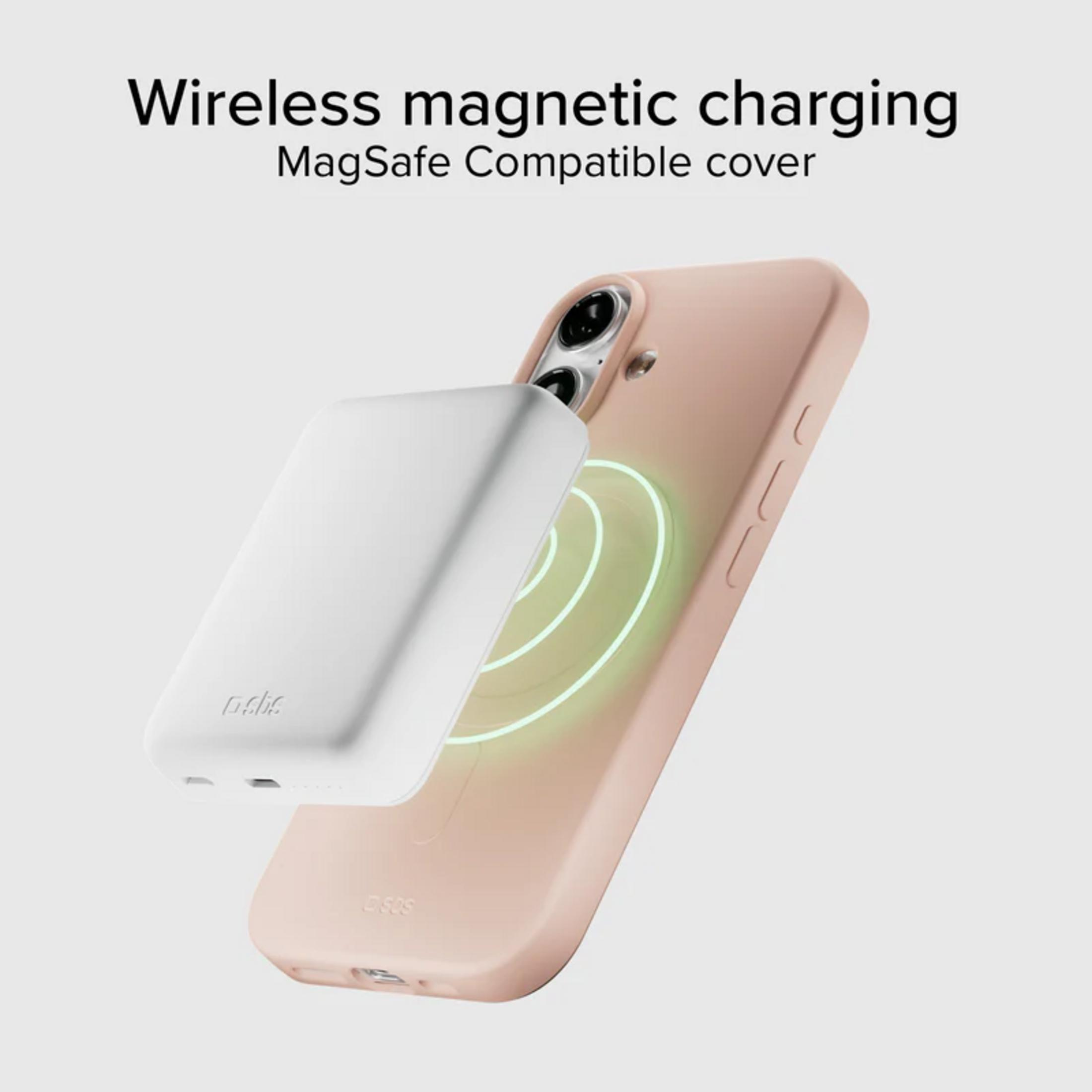Ein weißes MagSafe-Ladegerät wird an einem rosafarbenen iPhone-Case befestigt.