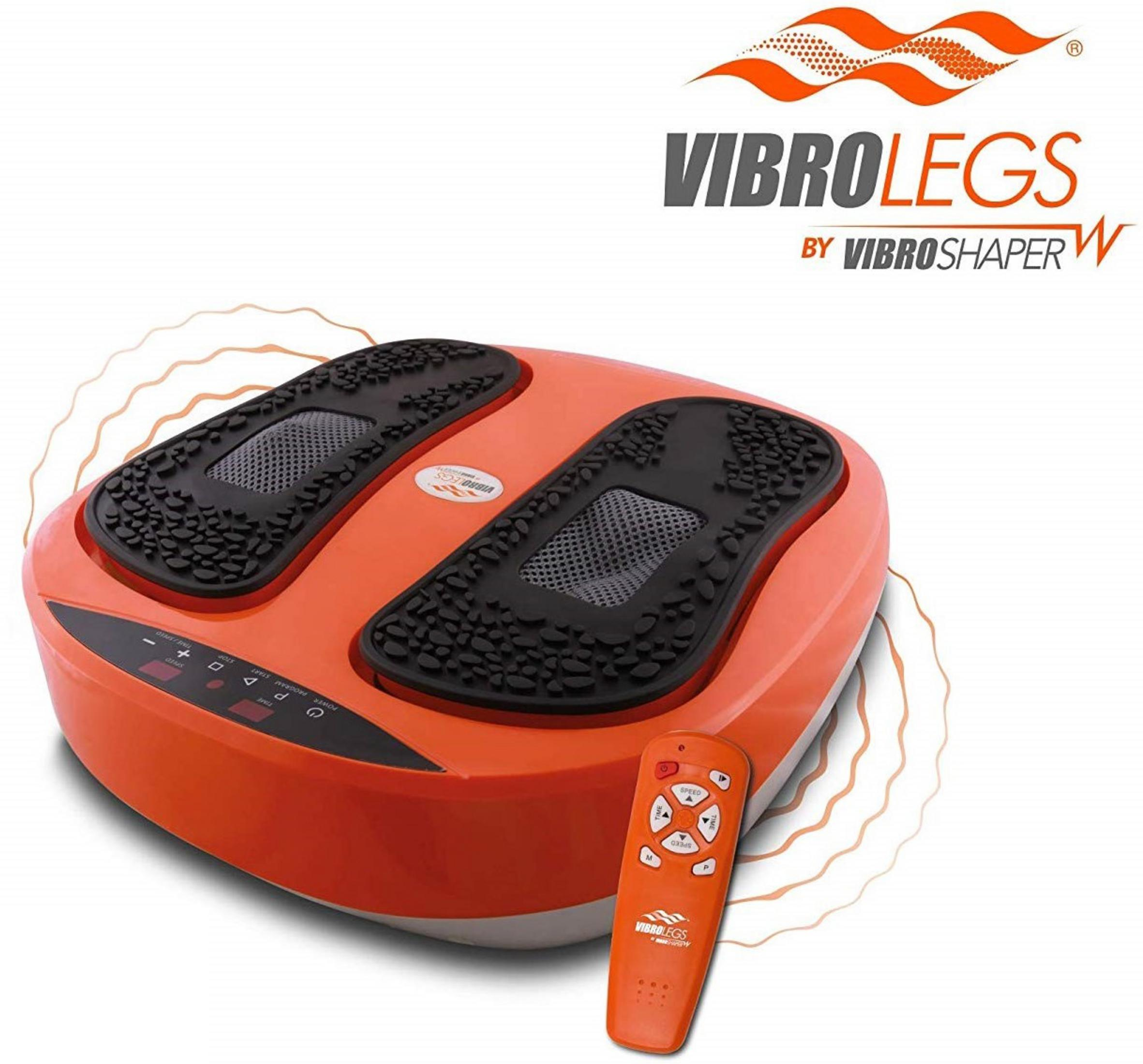 Plaque vibrante orange avec télécommande et repose-pieds noirs.