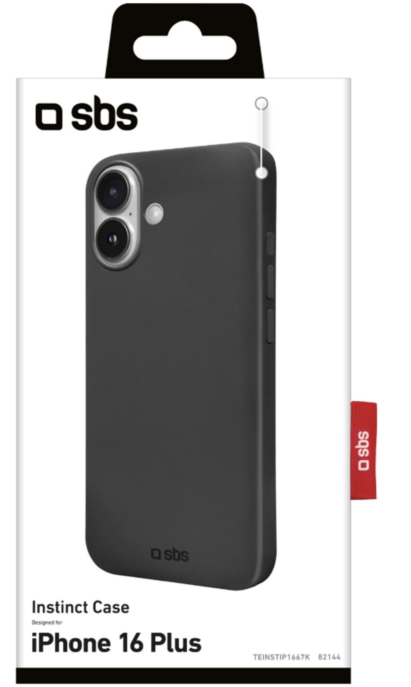 Custodia nera Instinct per iPhone 16 Plus con logo SBS.
