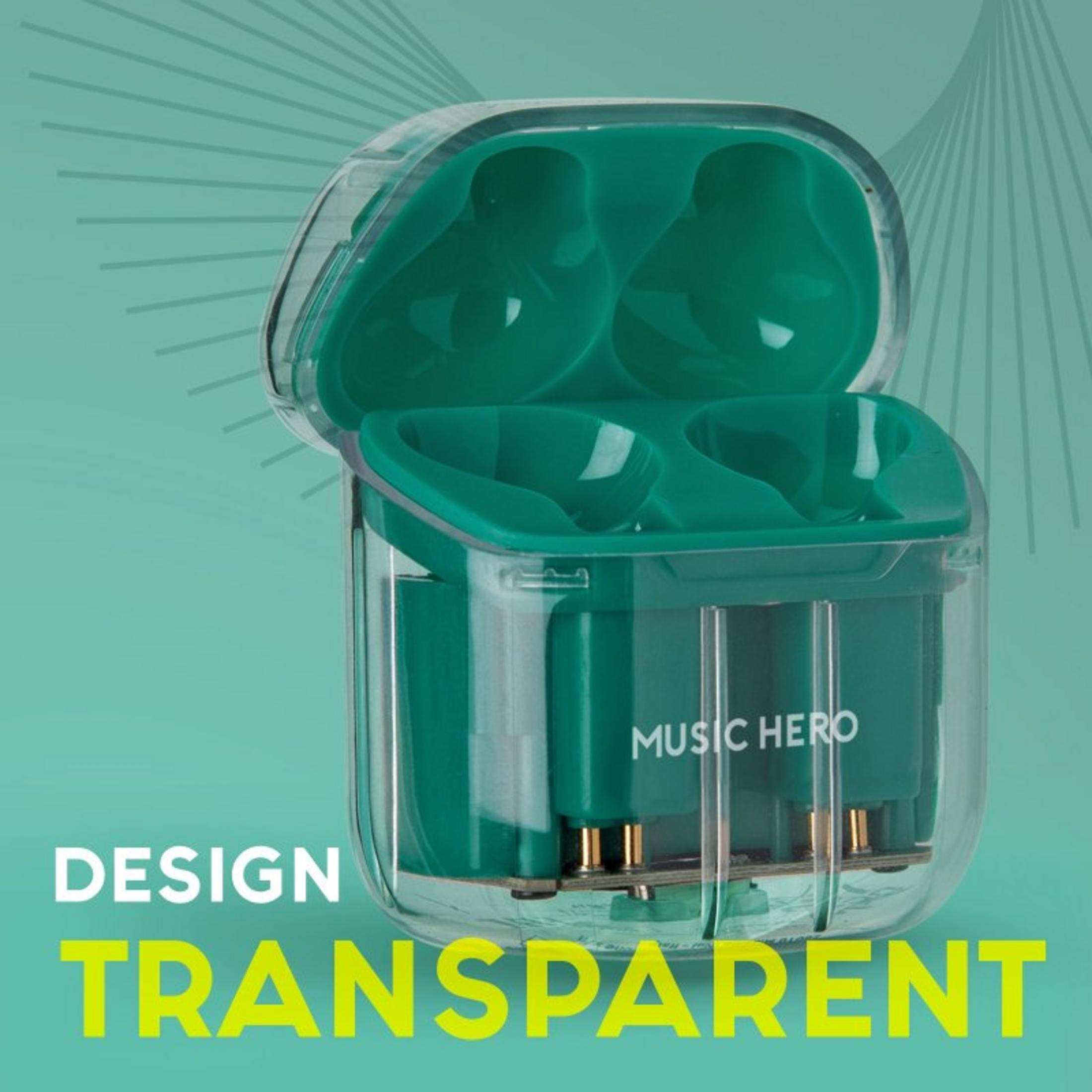 Przezroczyste etui na słuchawki ze szmaragdowozielonym wnętrzem.