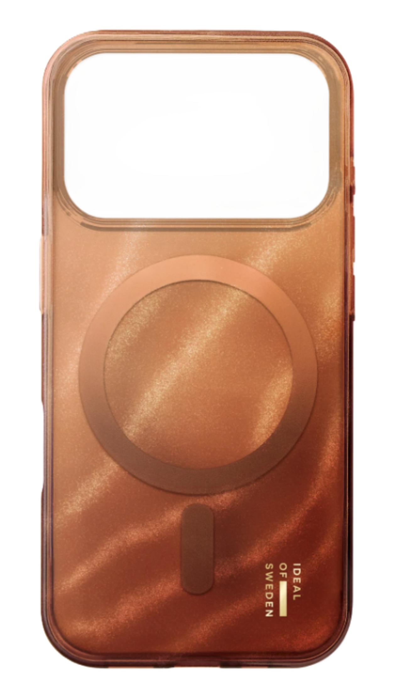 Durchsichtige bronzefarbene Handyhülle mit magnetischem Ring und Logo.