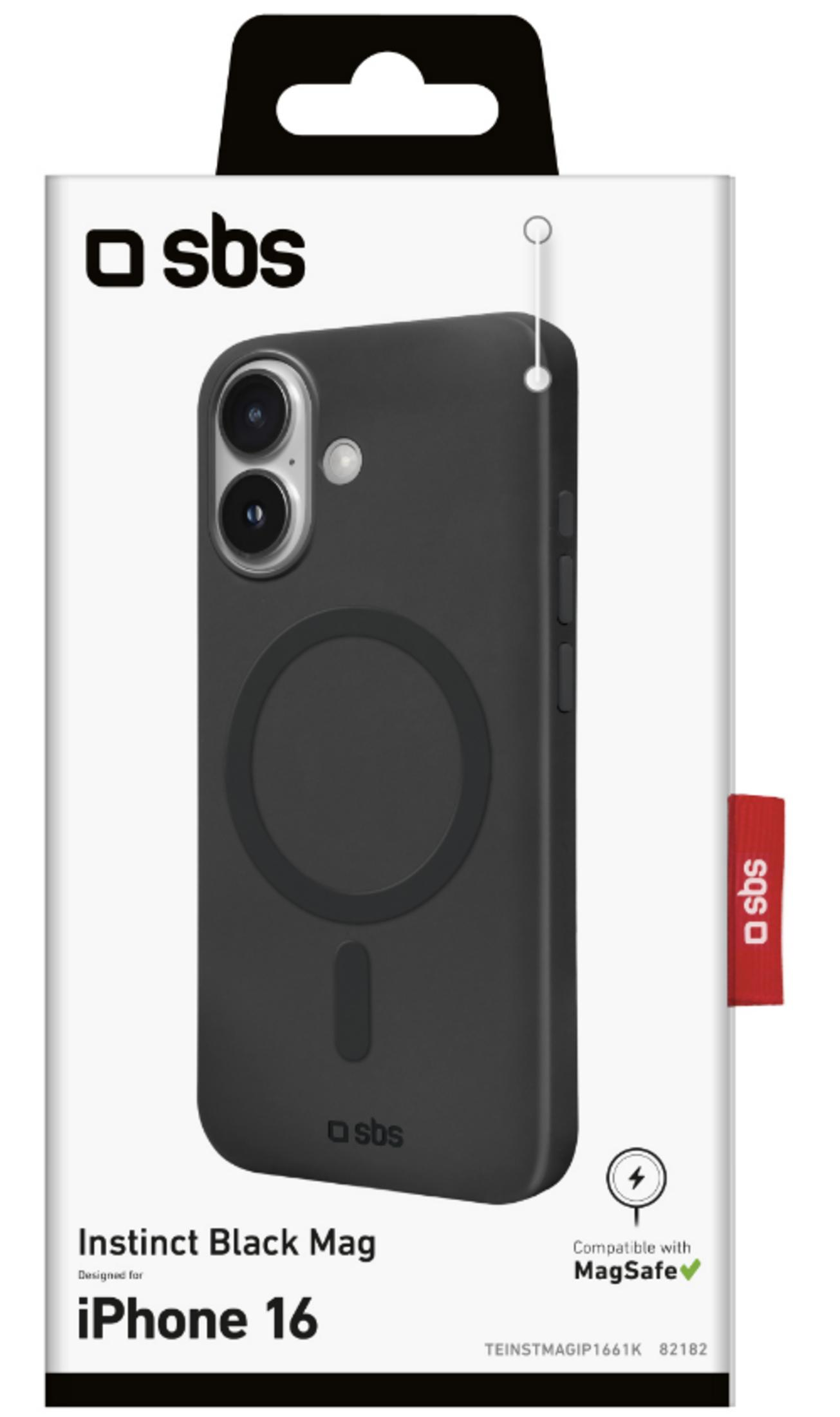 Custodia nera iPhone 16 SBS, compatibile MagSafe, mostrata nella confezione.