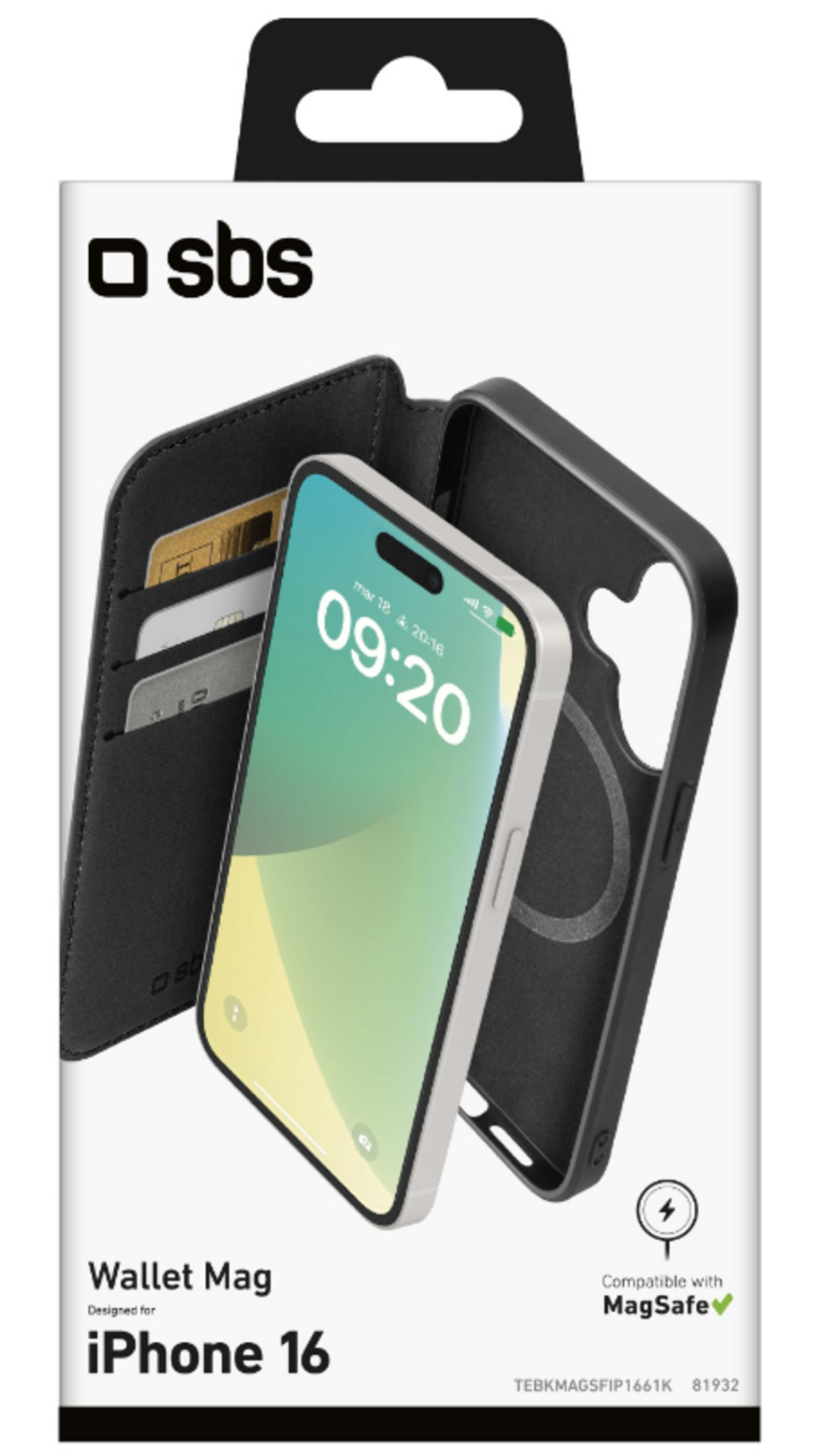 Custodia SBS Wallet Mag per iPhone 16, nera, con slot per carte e MagSafe.