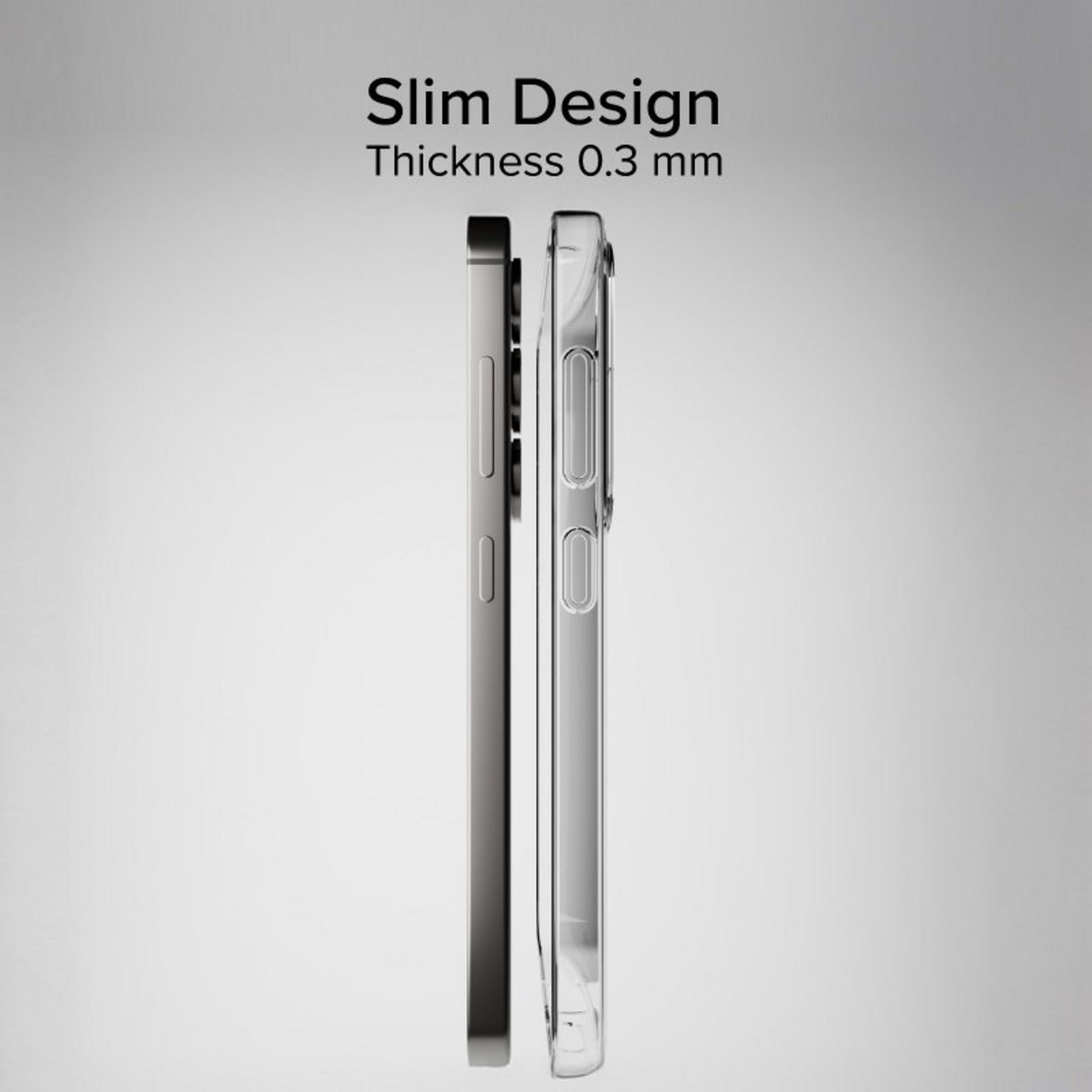 Due smartphone uno accanto all'altro, uno argentato e una cover trasparente. Testo: Design Sottile, Spessore 0,3 mm.