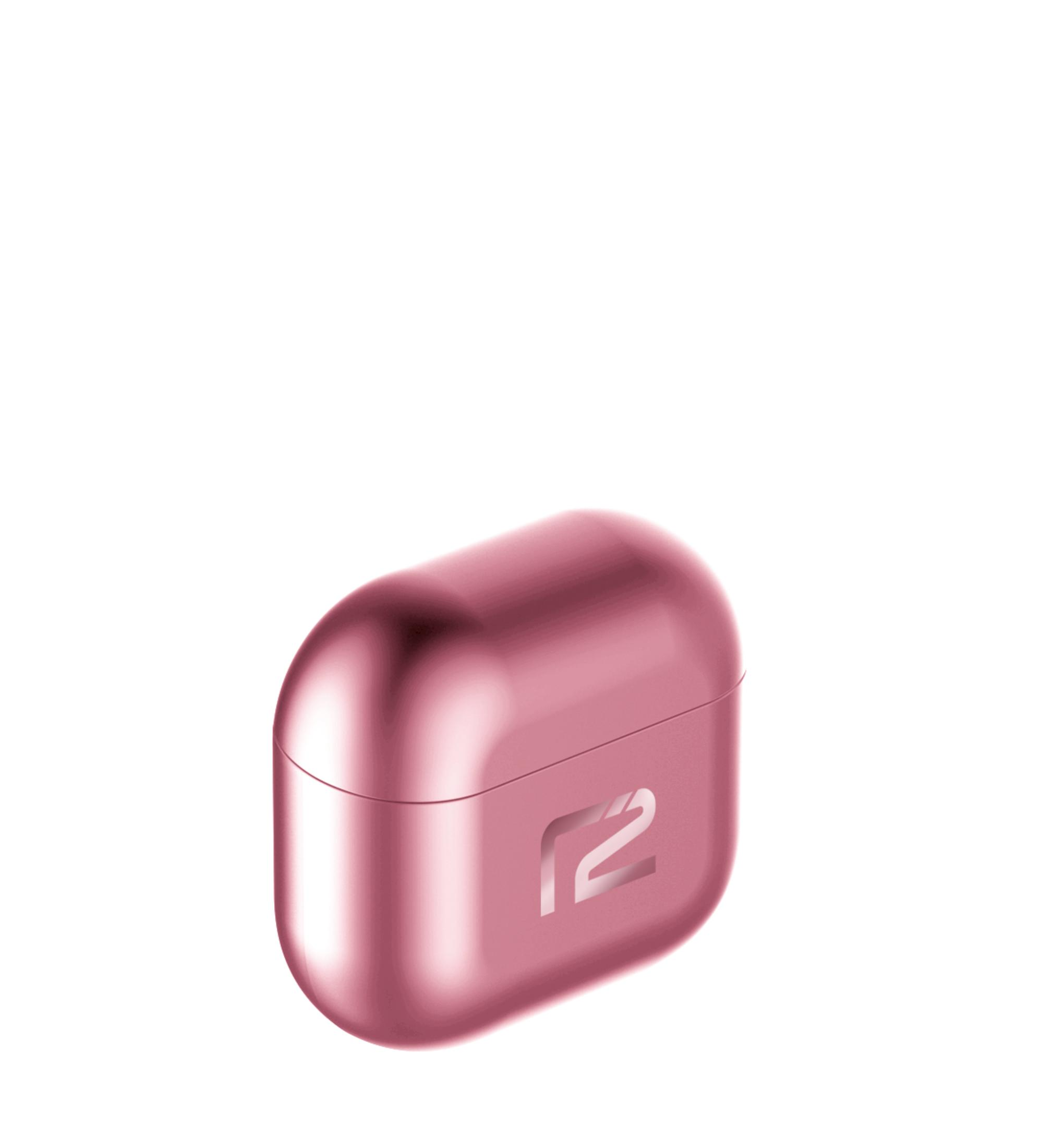 Un étui pour écouteurs rose doré avec un logo argenté.