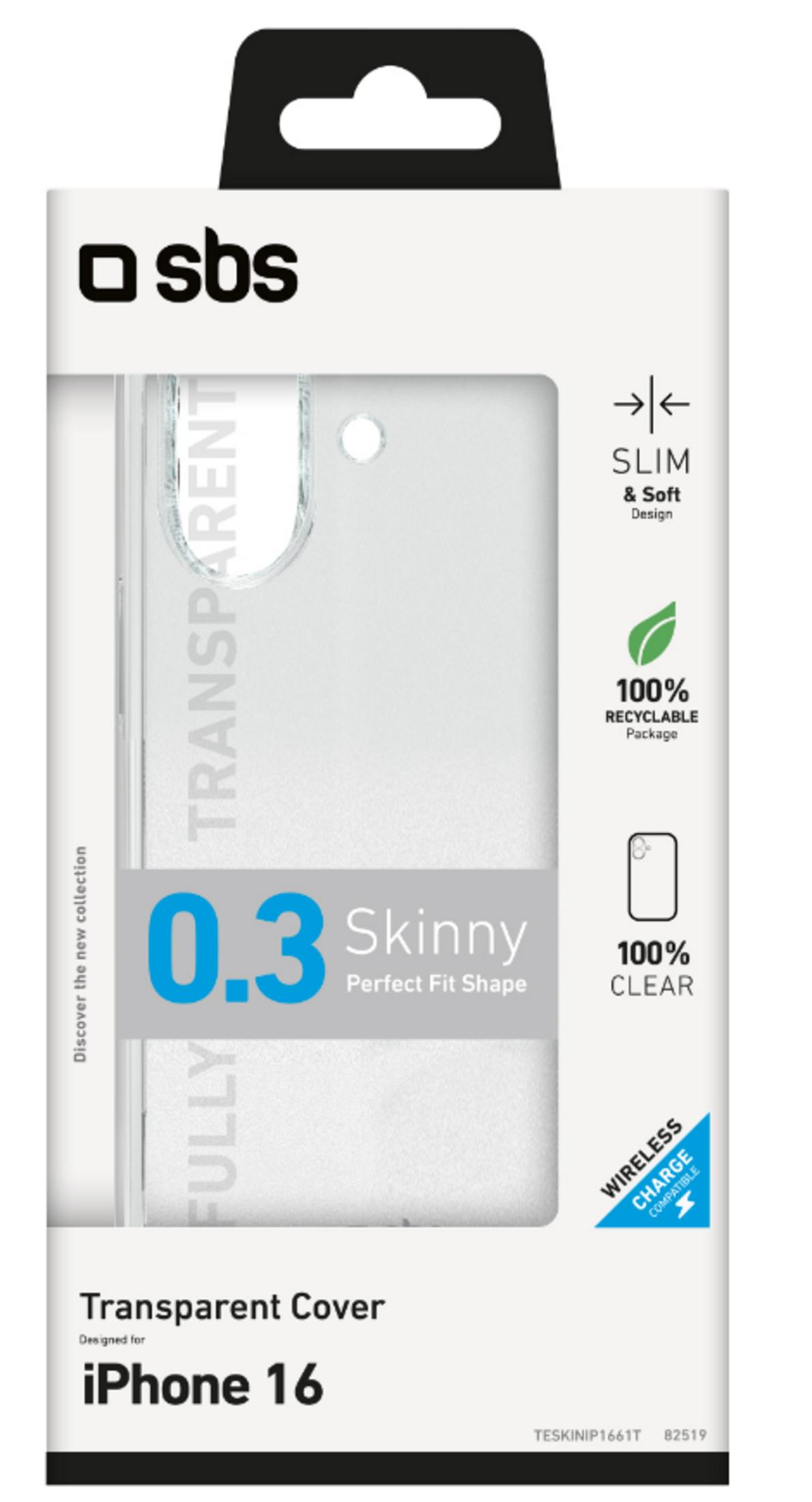 Custodia SBS iPhone 16: trasparente, 0,3mm sottile, ricarica wireless compatibile.