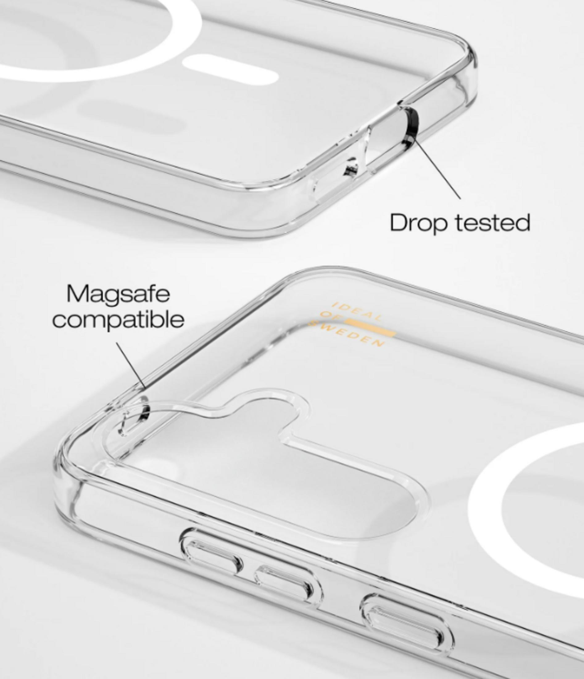 Transparente Hülle mit MagSafe-Kompatibilität und Falltest-Markierung.