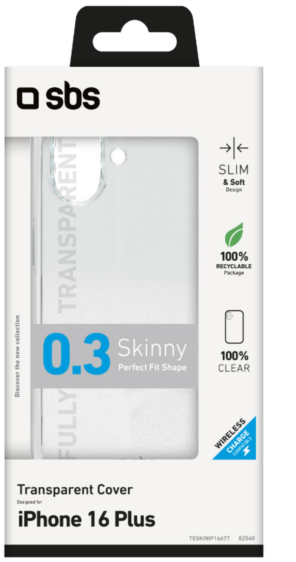 Confezione per cover trasparente iPhone 16 Plus con logo SBS.