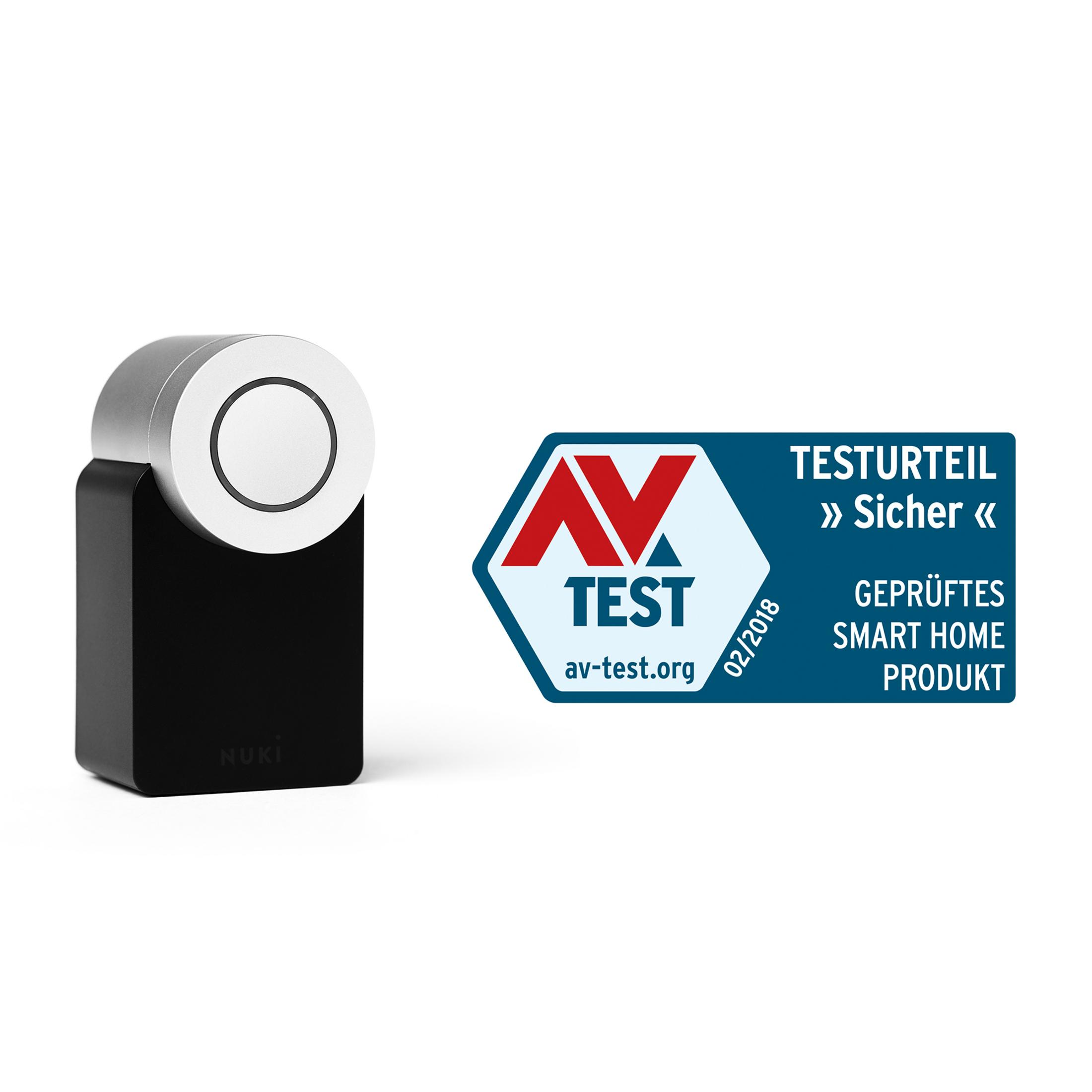 Nuki Smart Lock und AV-TEST Siegel 'Sicher' für Smart Home Produkte.