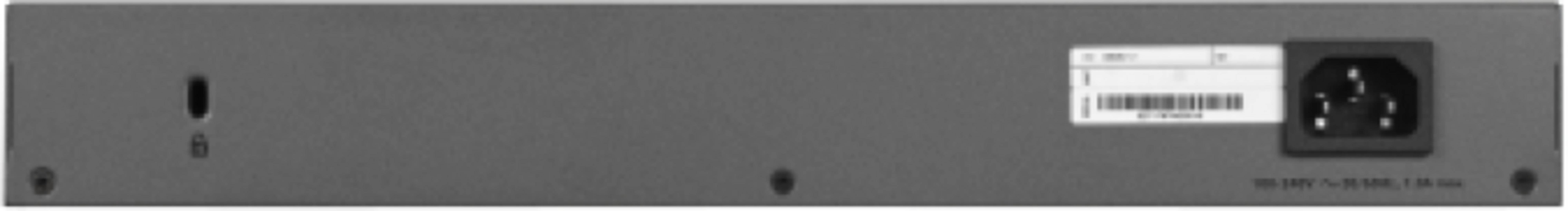 Tył urządzenia z portem zasilania, etykietą i śrubami.