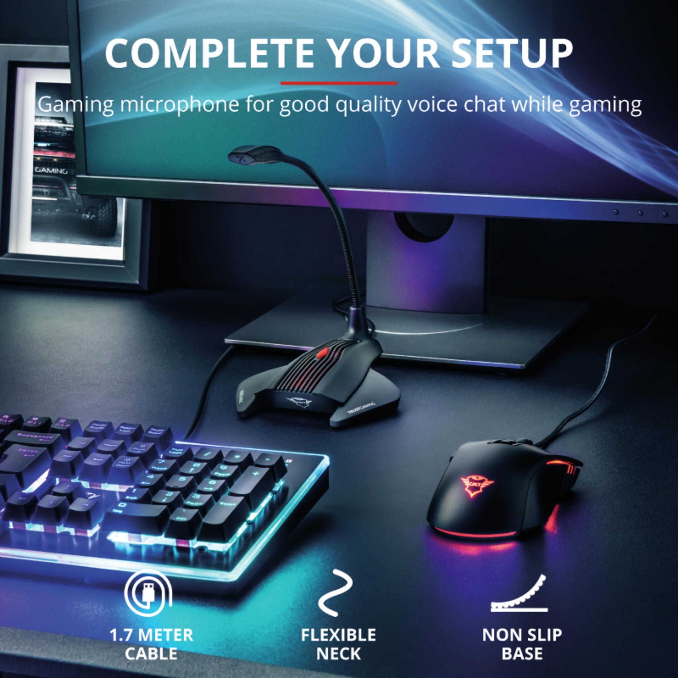 Mikrofon, klawiatura i mysz gamingowa z podświetleniem RGB na biurku.