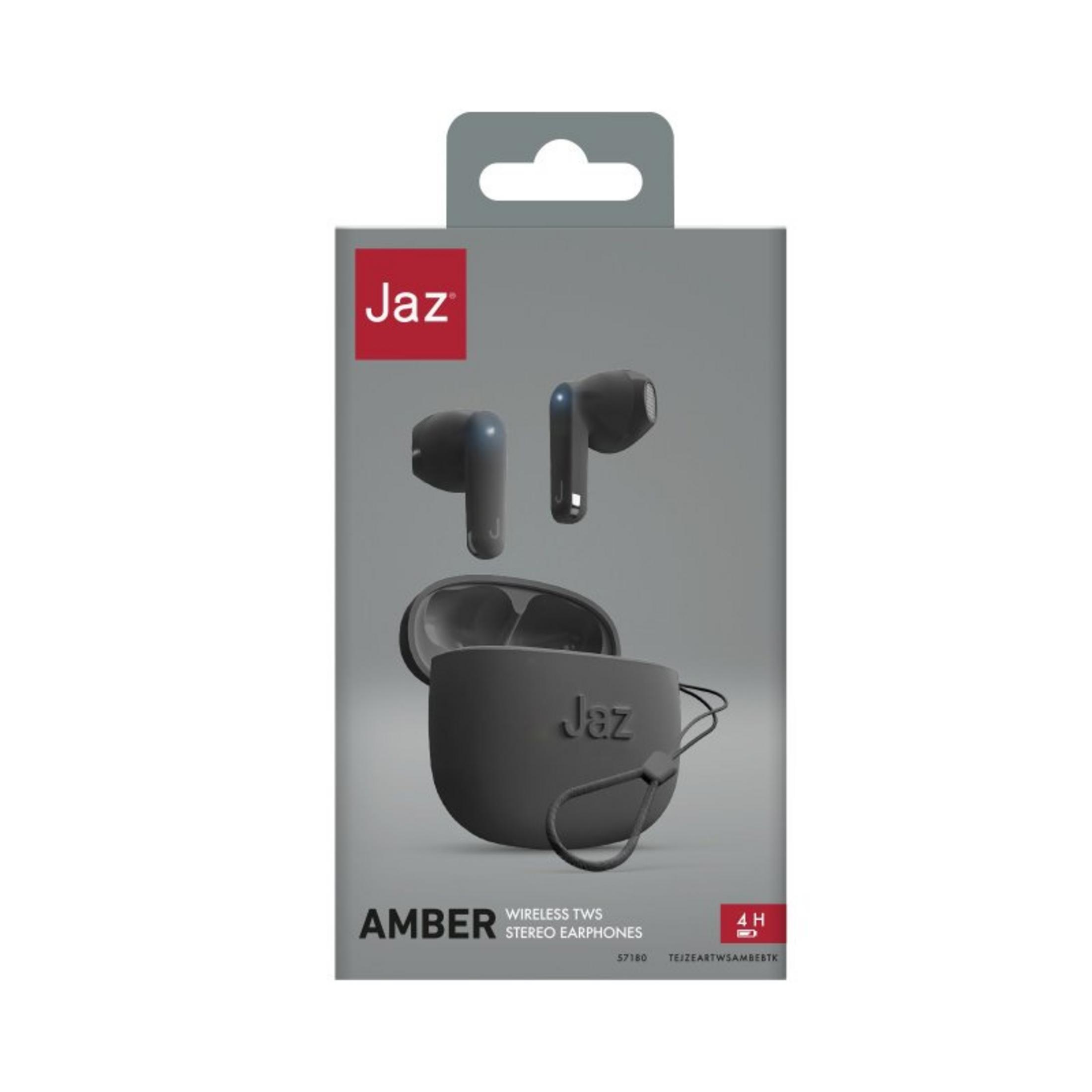 Confezione di auricolari stereo Jaz Amber con custodia aperta ed auricolari.
