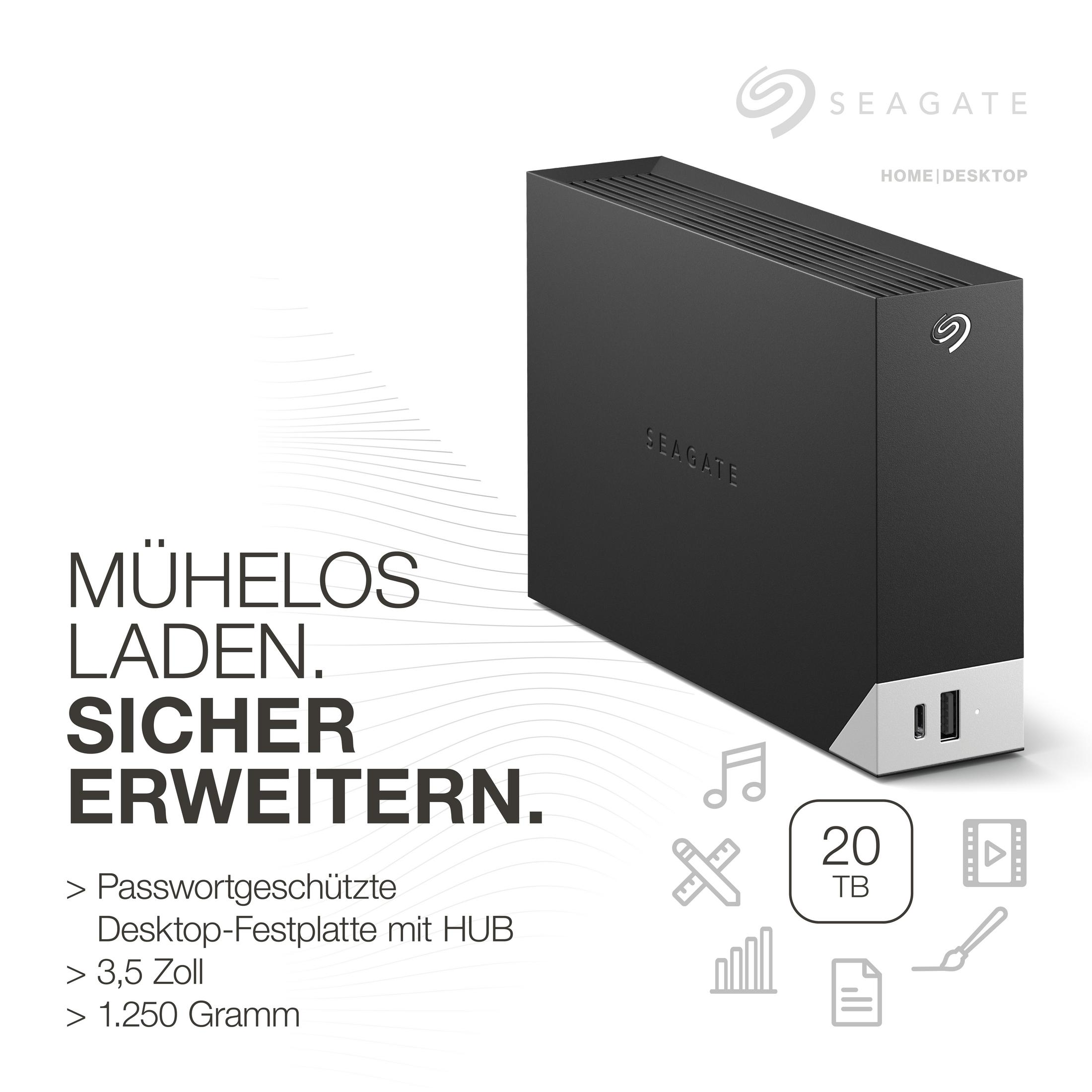 Hard disk esterno Seagate nero da 20 TB, HUB e porte USB.
