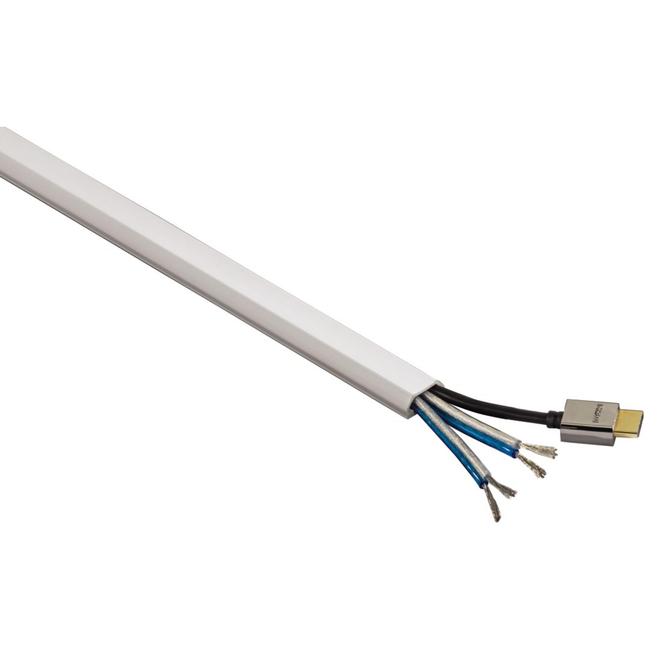 Ein weißes Flachkabel mit freigelegten Drähten und einem HDMI-Stecker.