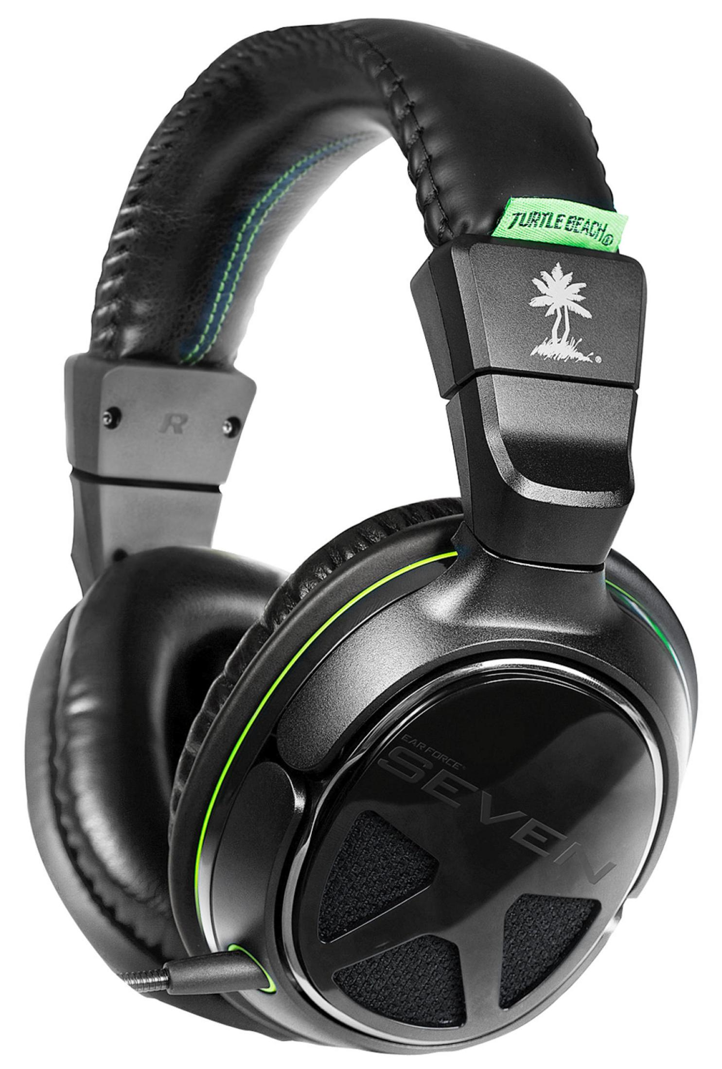 Czarne słuchawki z zielonymi akcentami i logo Turtle Beach.