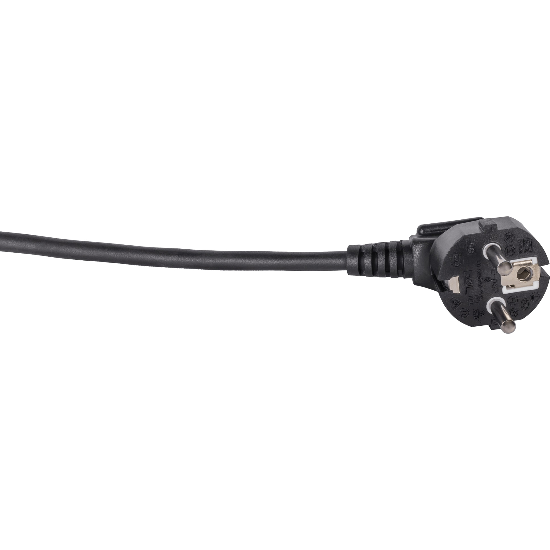 Ein schwarzes Stromkabel mit einem Stecker auf weißem Hintergrund.