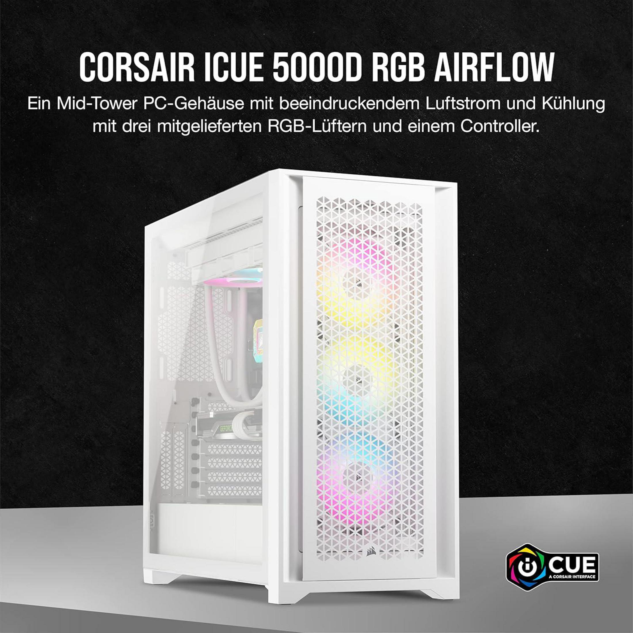 Un boîtier PC Corsair blanc avec ventilateurs RGB et logo Corsair.