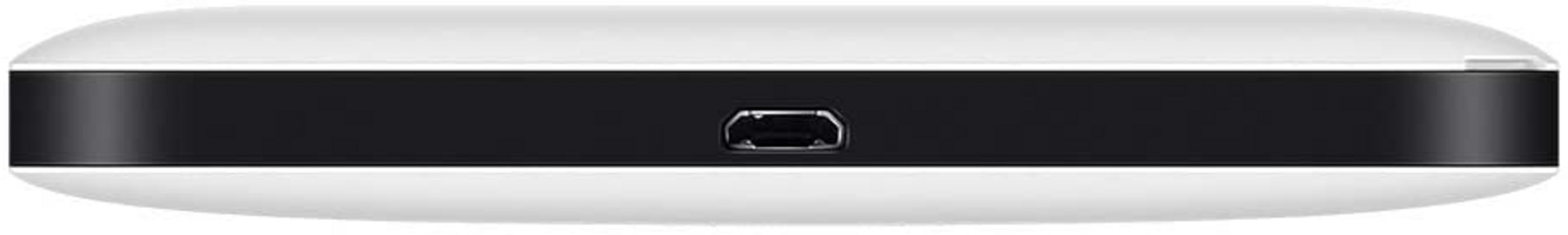 Un dispositivo rettangolare bianco con striscia centrale nera e porta USB.