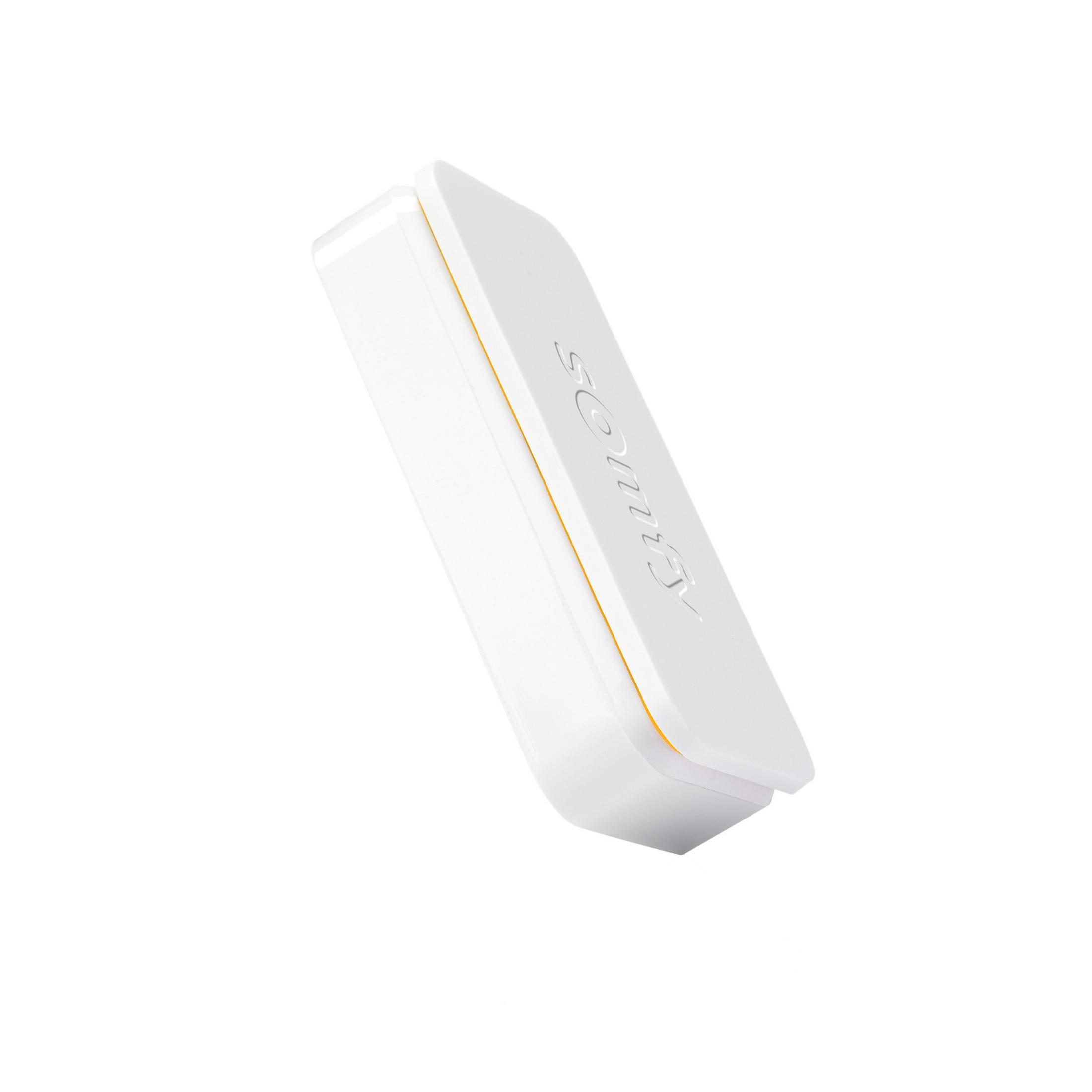 Un dispositivo Somfy bianco con accento giallo, su sfondo bianco.