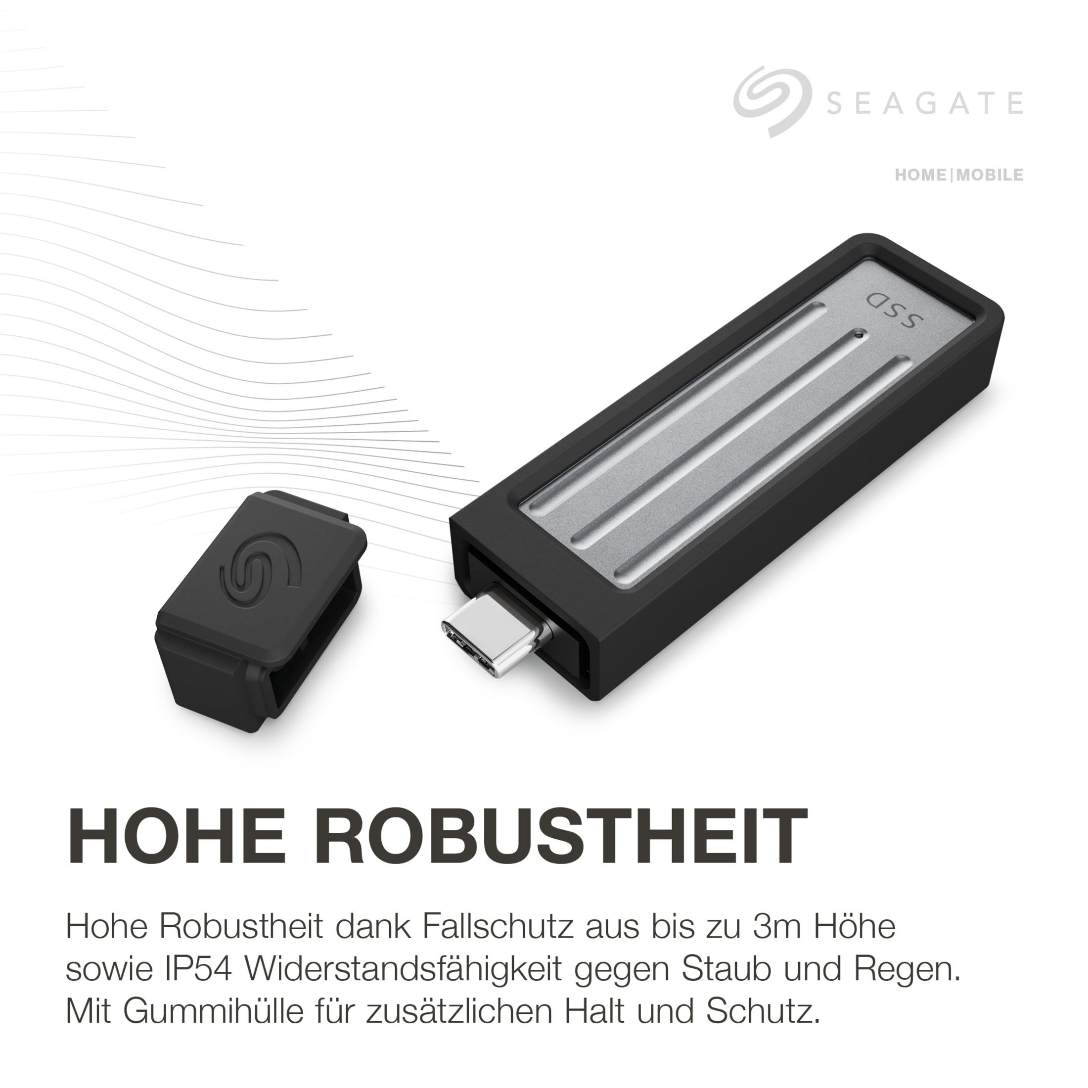 Dysk SSD Seagate w czarnej obudowie z portem USB-C, obok nasadka.