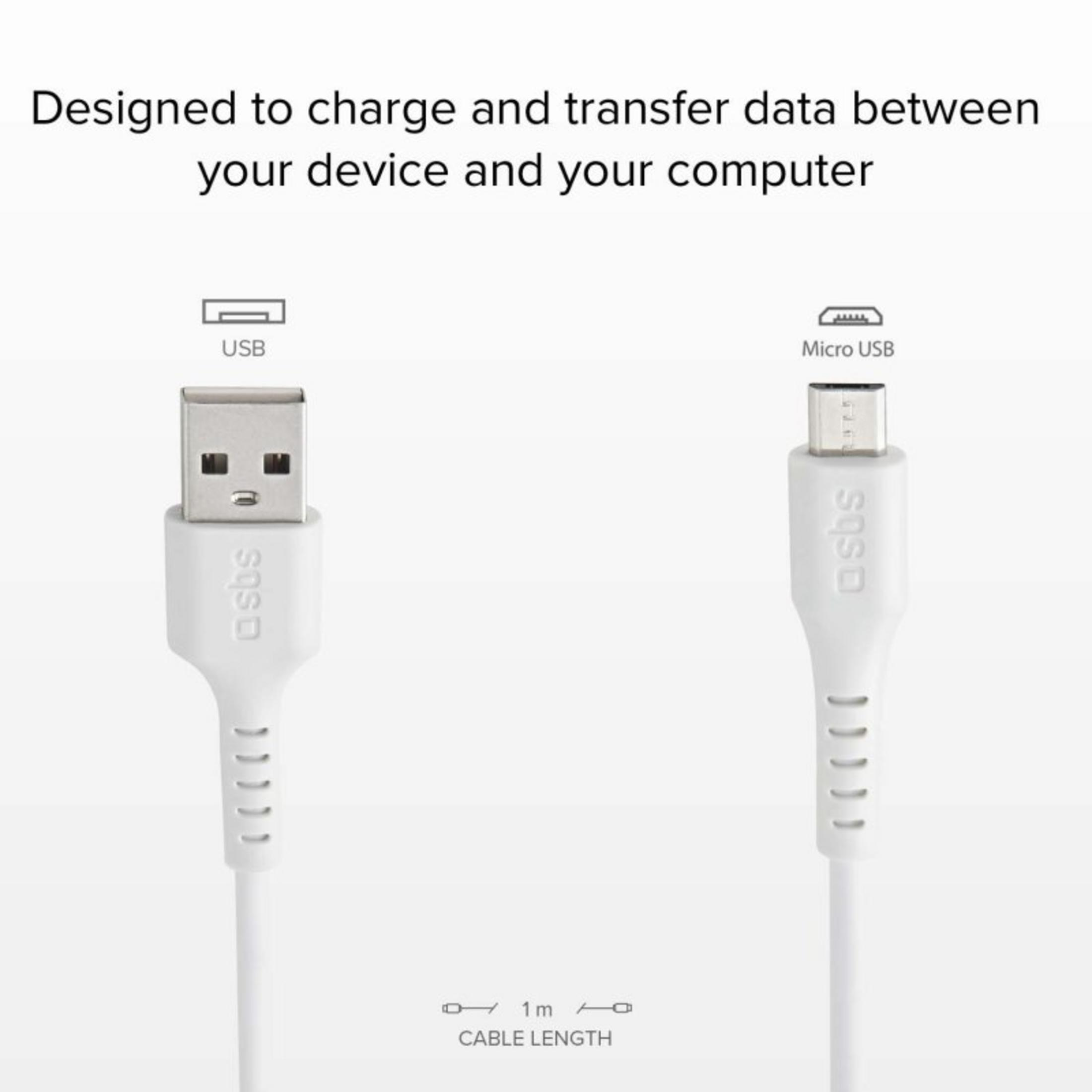 Un cavo USB-A e Micro-USB bianco, lungo 1 metro.