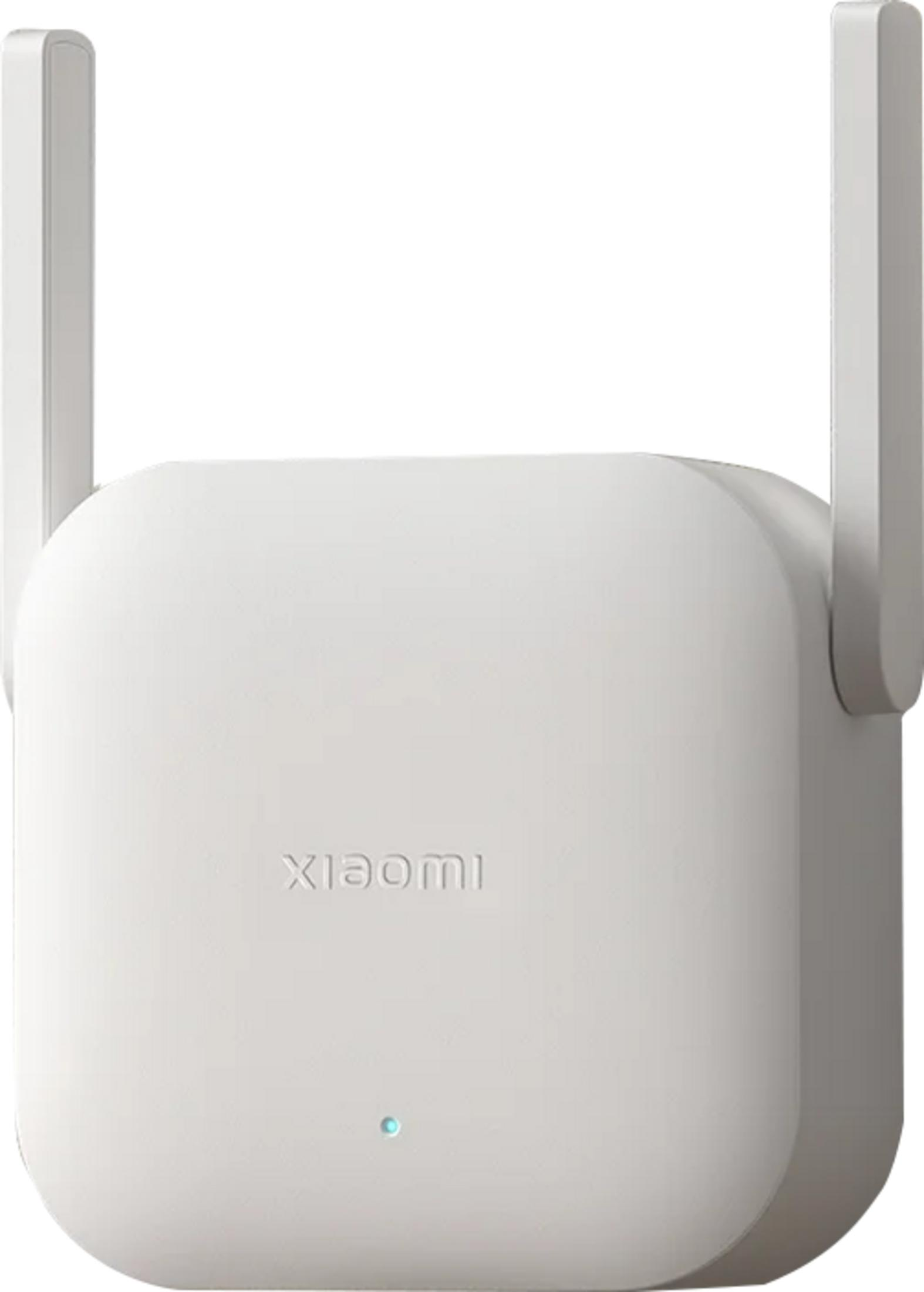 Ein weißer Xiaomi WLAN-Booster mit zwei Antennen und einem blauen Lämpchen.