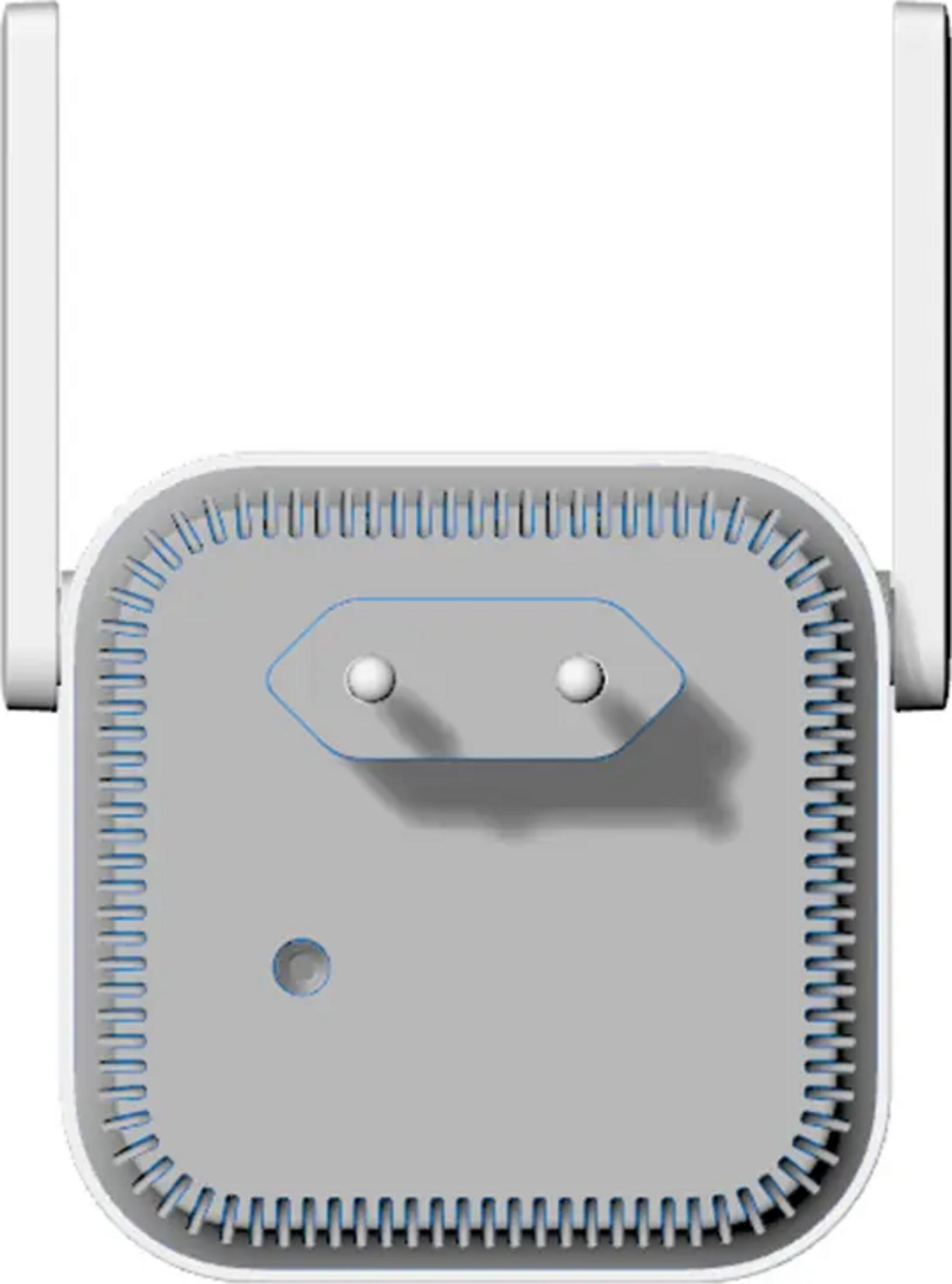 Ein weißer WLAN-Router mit zwei Antennen und einem Netzstecker-Symbol.