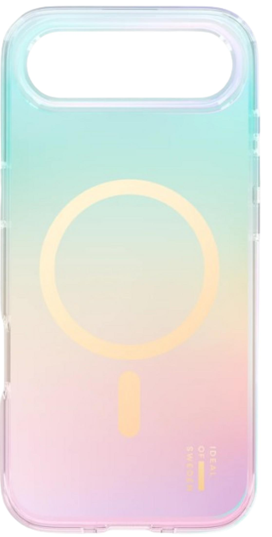 Transparente Hülle mit Farbverlauf von Grün zu Rosa, mit magnetischem Ladekreis.