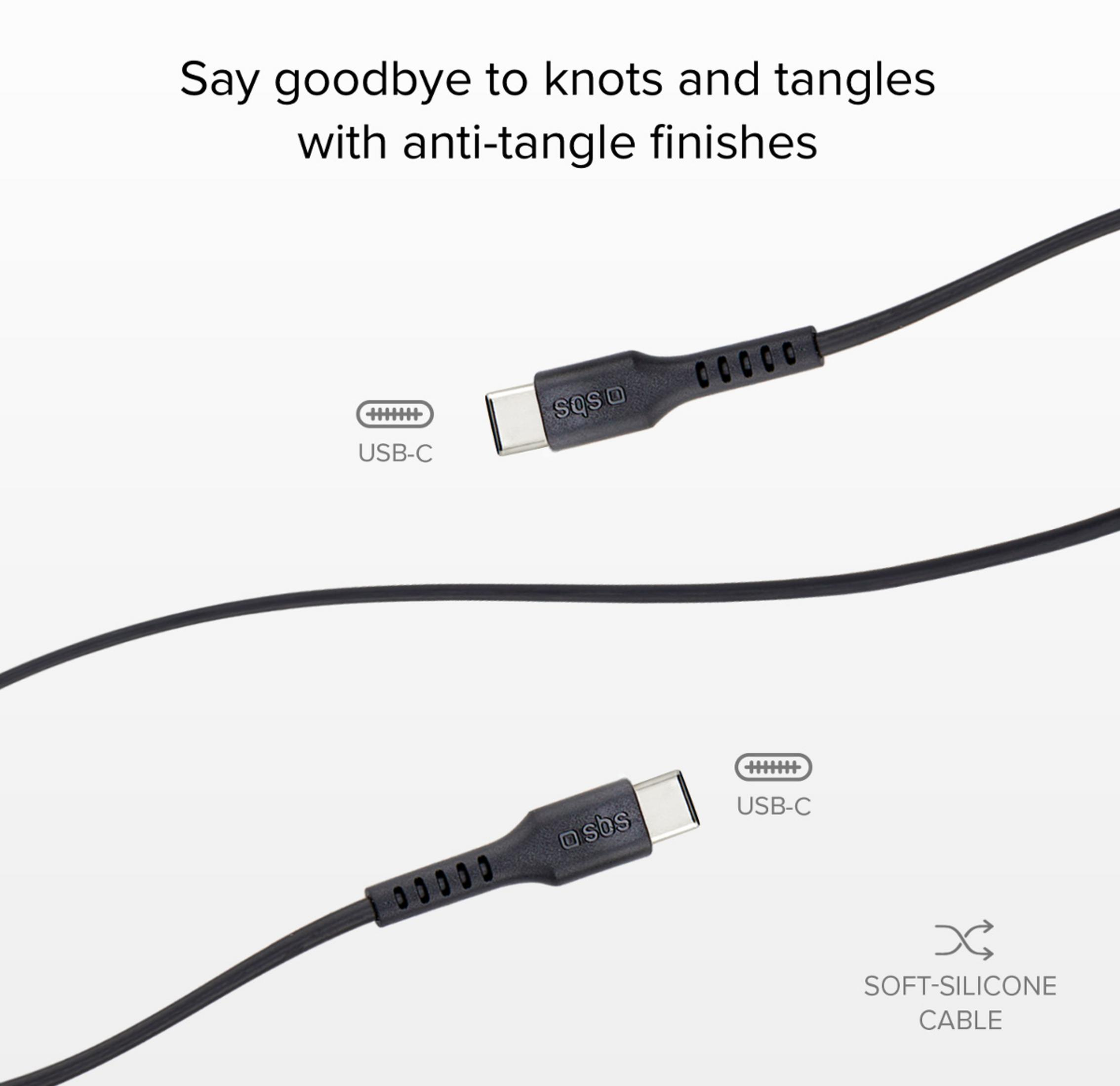 Due cavi USB-C neri con logo SBS e rivestimento in silicone morbido.